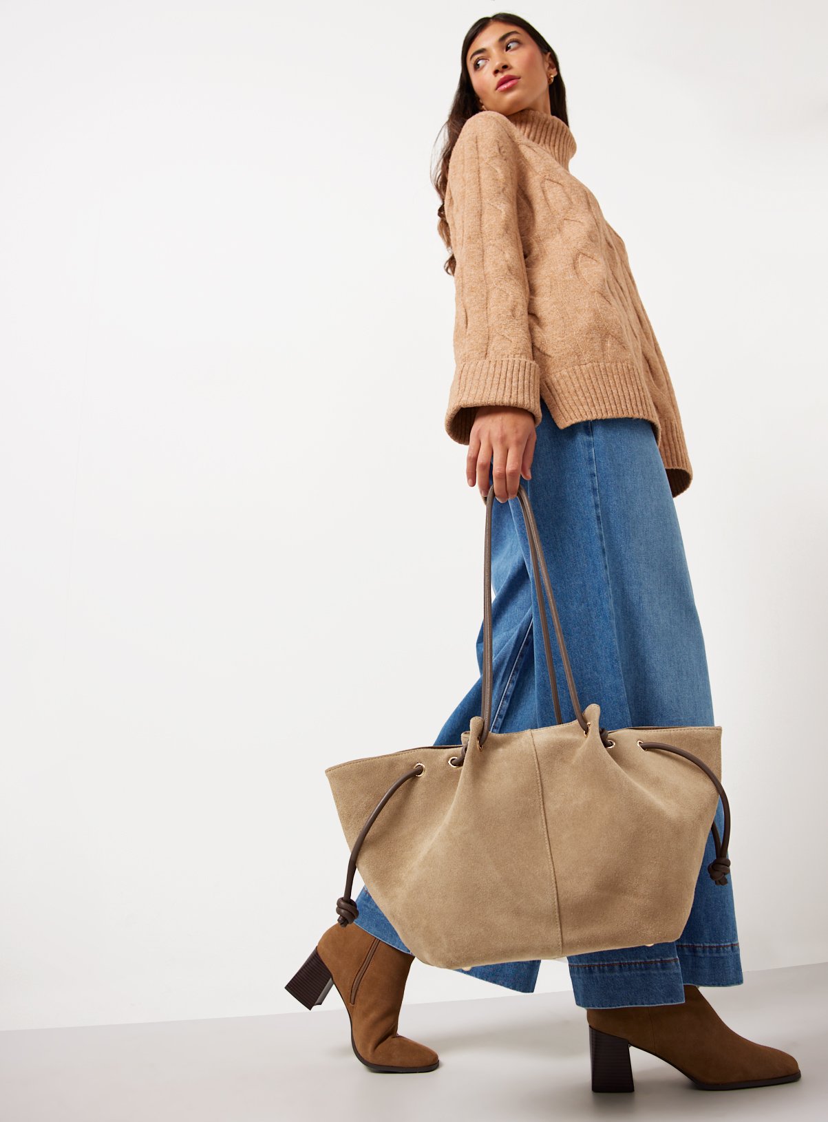 Neutral Suede Leather Pleated Shopper One Size