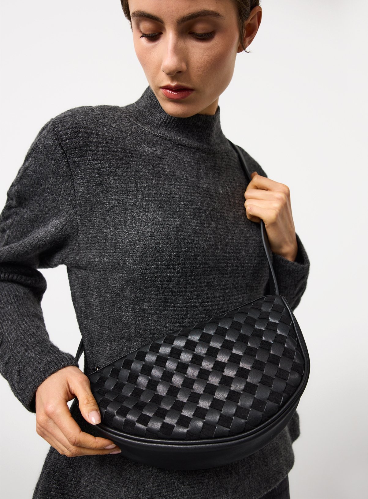 Black PU Woven Half Moon Crossbody Bag One Size