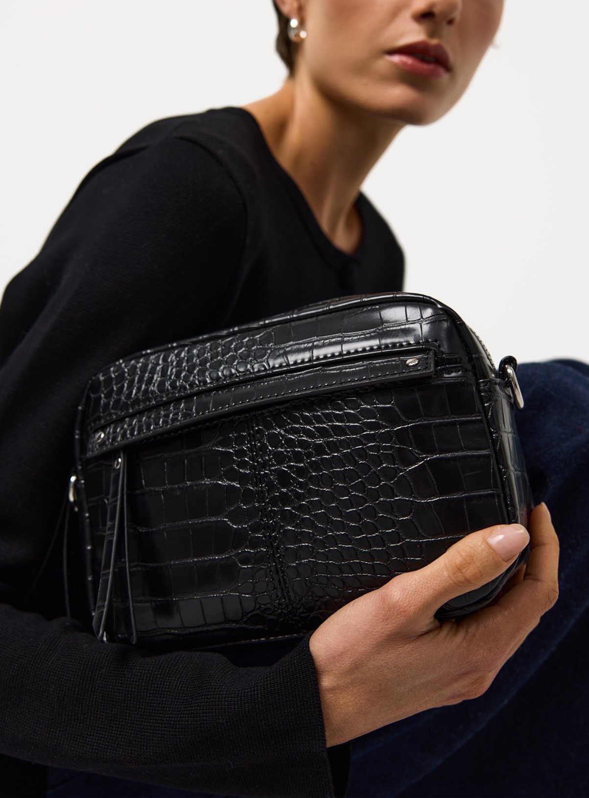 Black Faux Leather Croc Effect Camera Bag  One Size