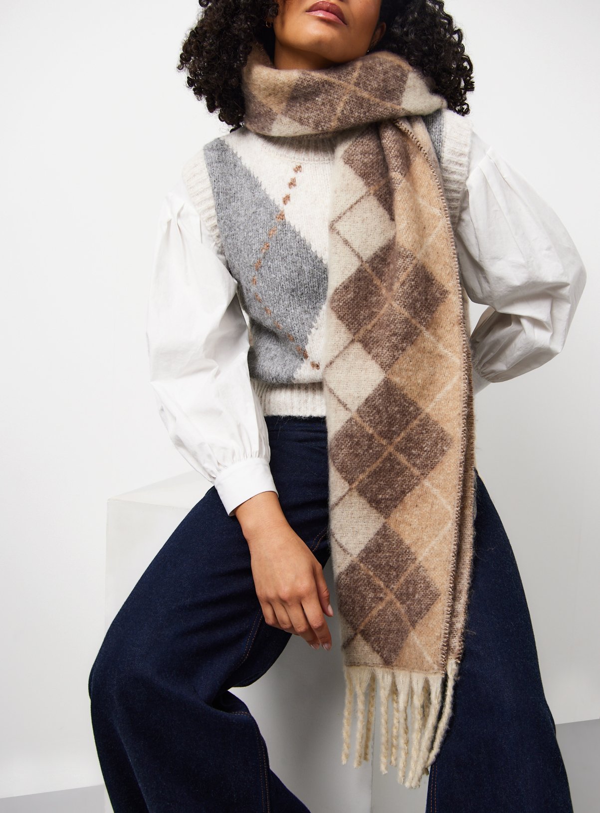 Neutral Argyle Heavyweight Scarf One Size