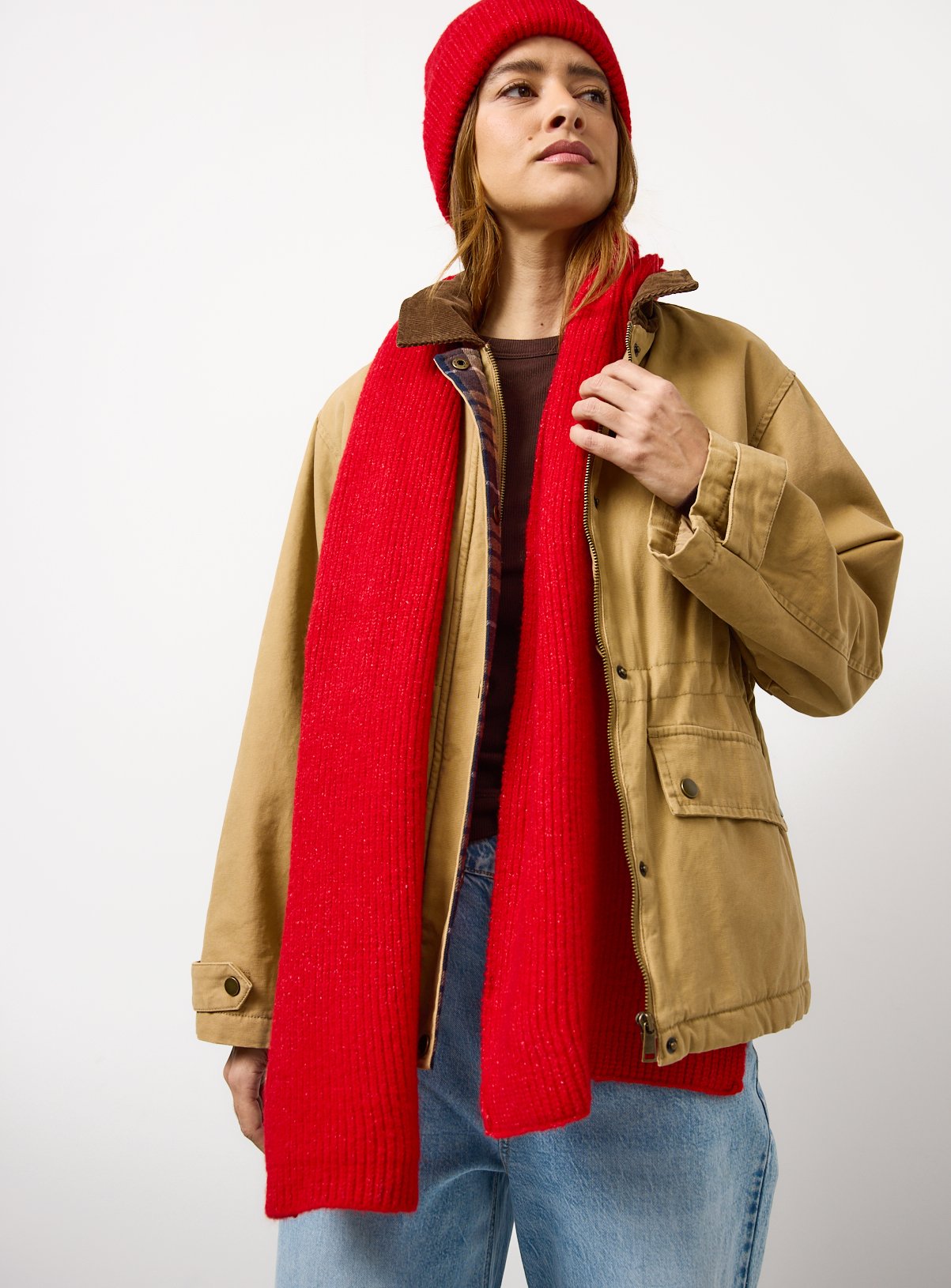 Red Ribbed Knitted Scarf One Size