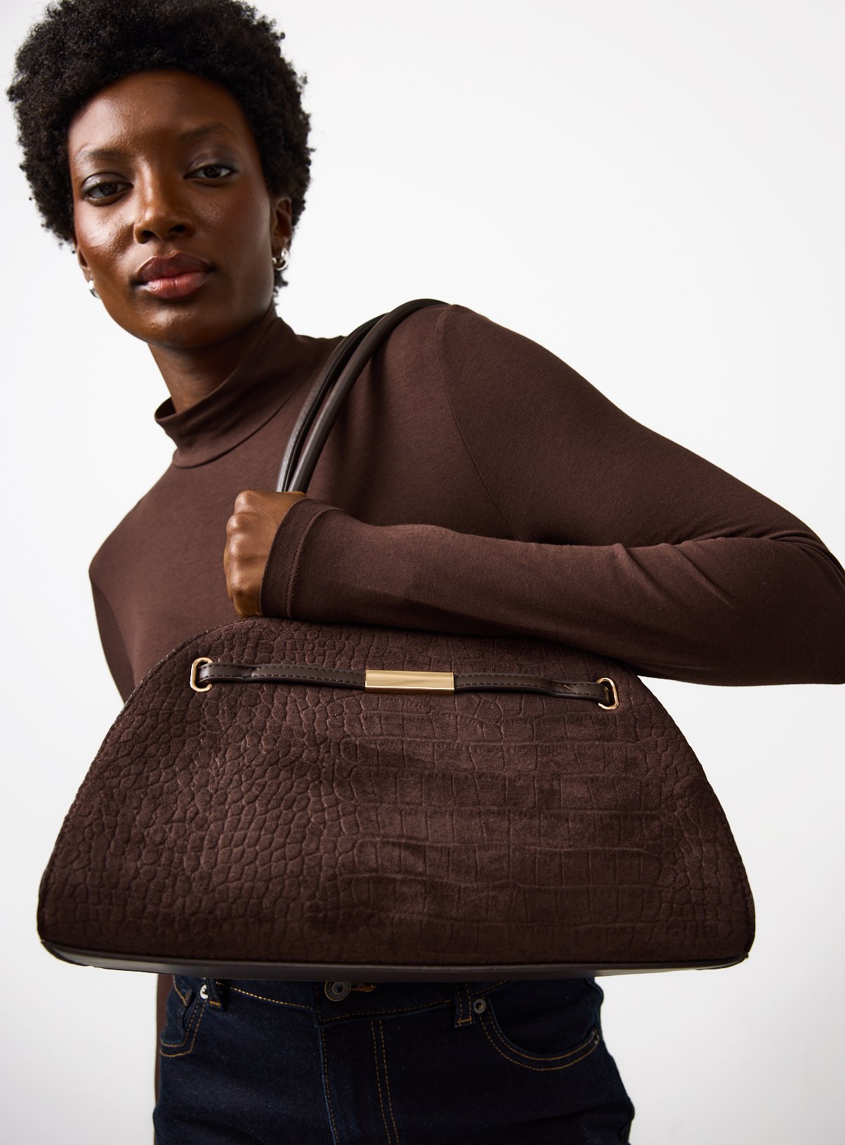 Brown Faux Suede Croc Bowler Bag One Size