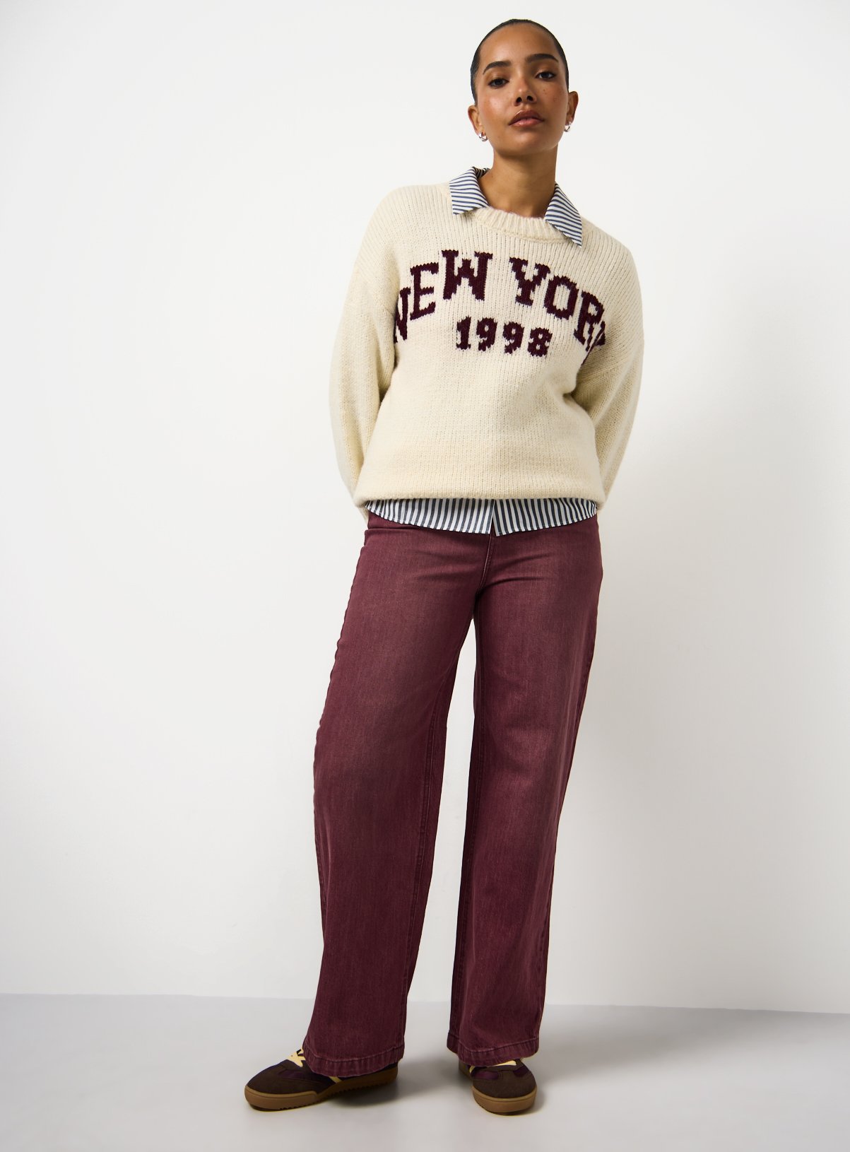 Burgundy Denim Wide Leg Jeans  