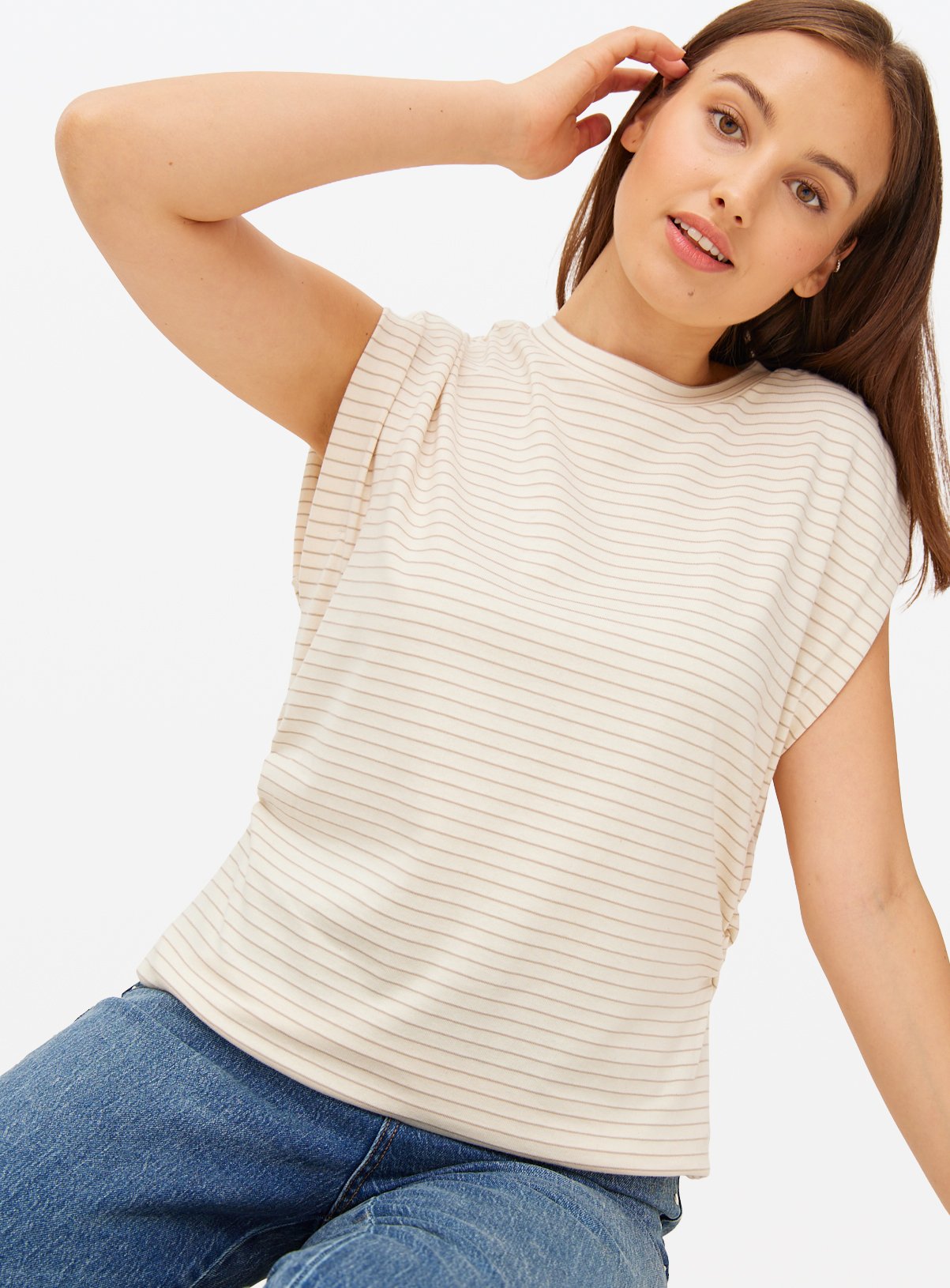 Neutral Stripe Ruched Relaxed Sleeveless Vest