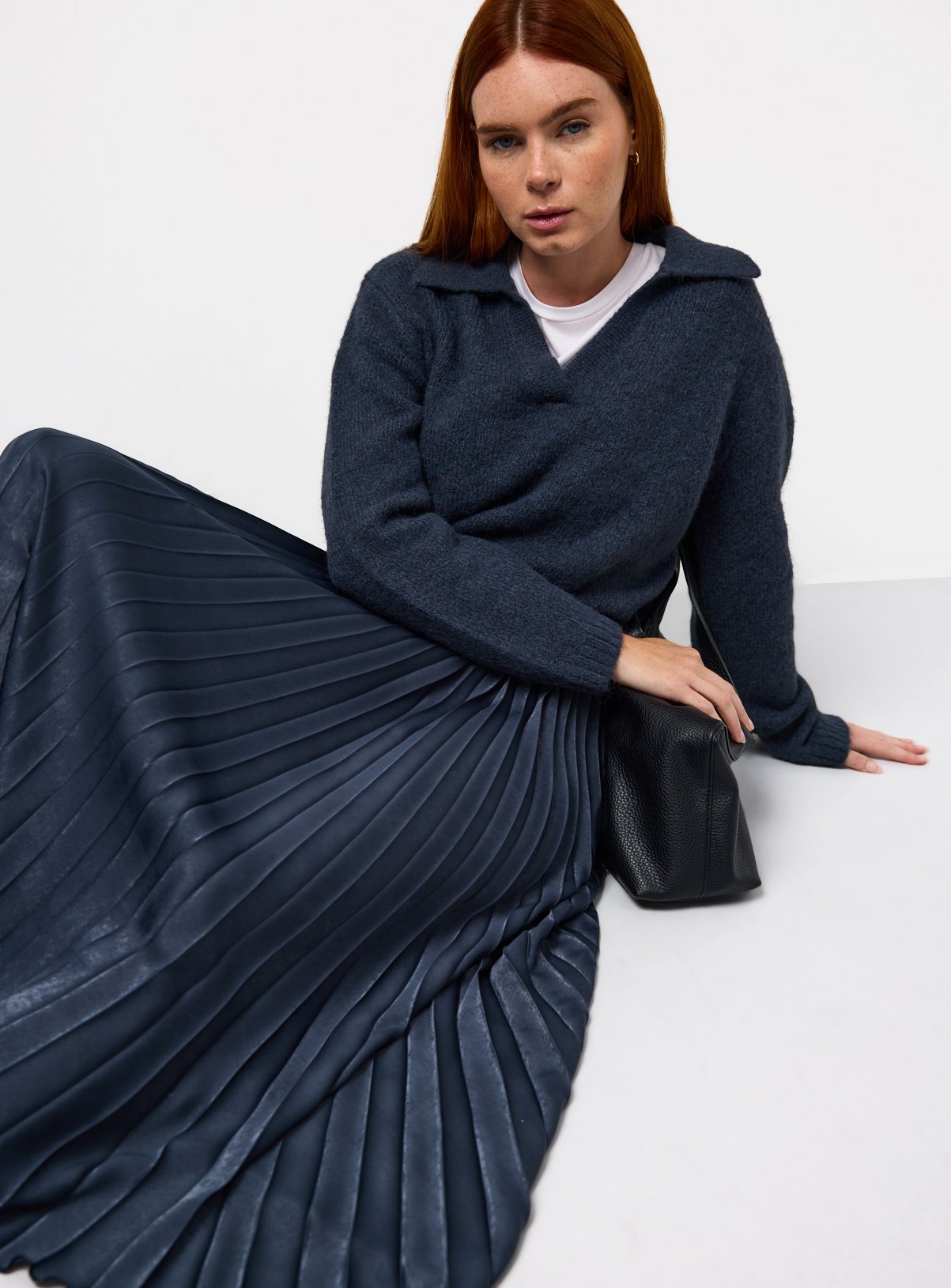 Blue Satin Pleated Maxi Skirt 22