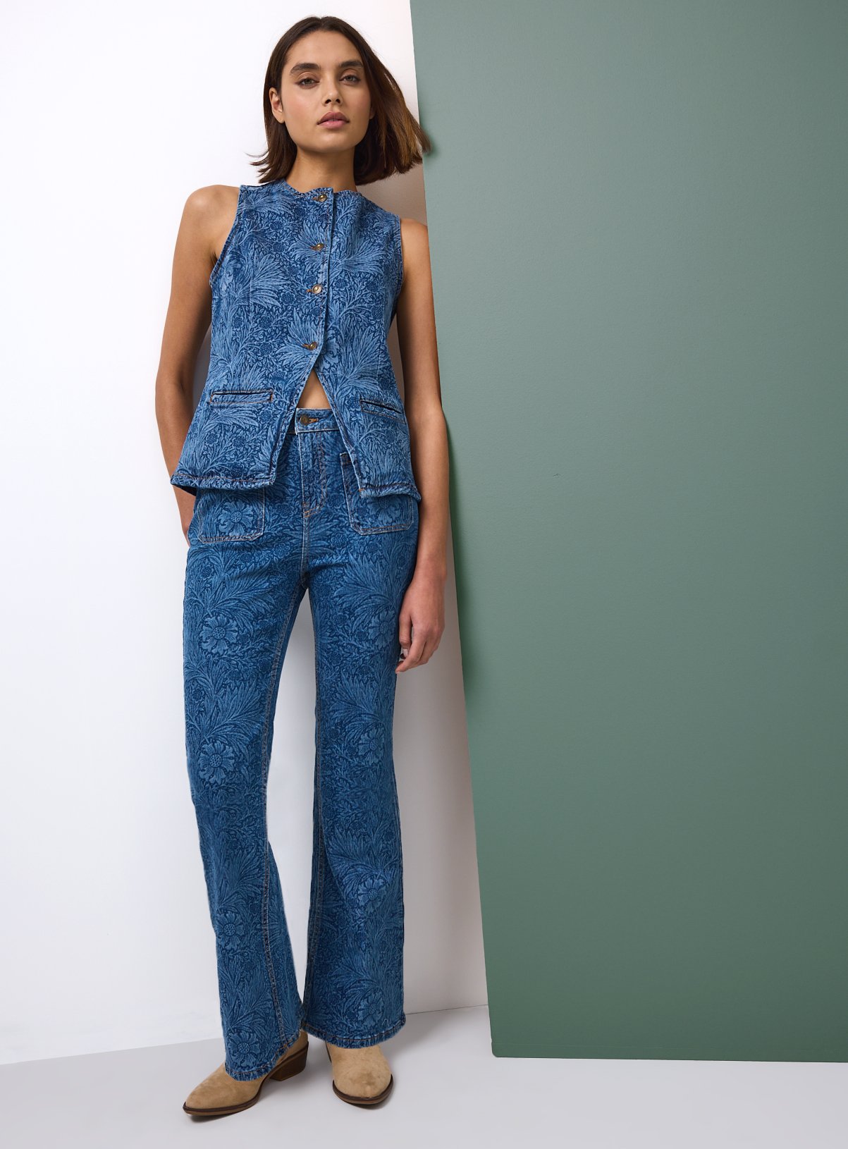 Tu x Morris & Co. Marigold Mid-Blue Co-ord Relaxed Flare Denim Jeans 