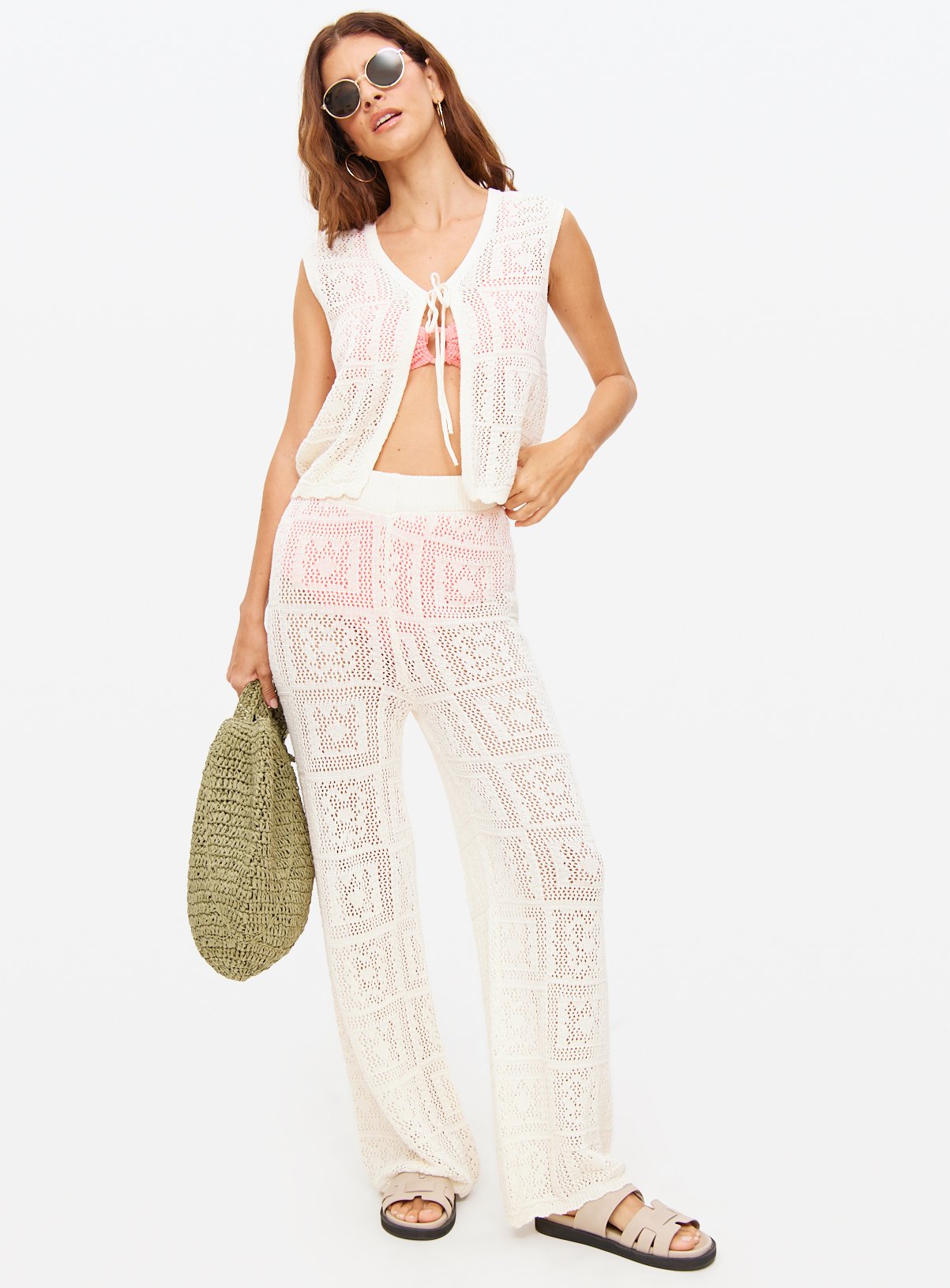 Cream Patchwork Pointelle Wide Leg Trousers  