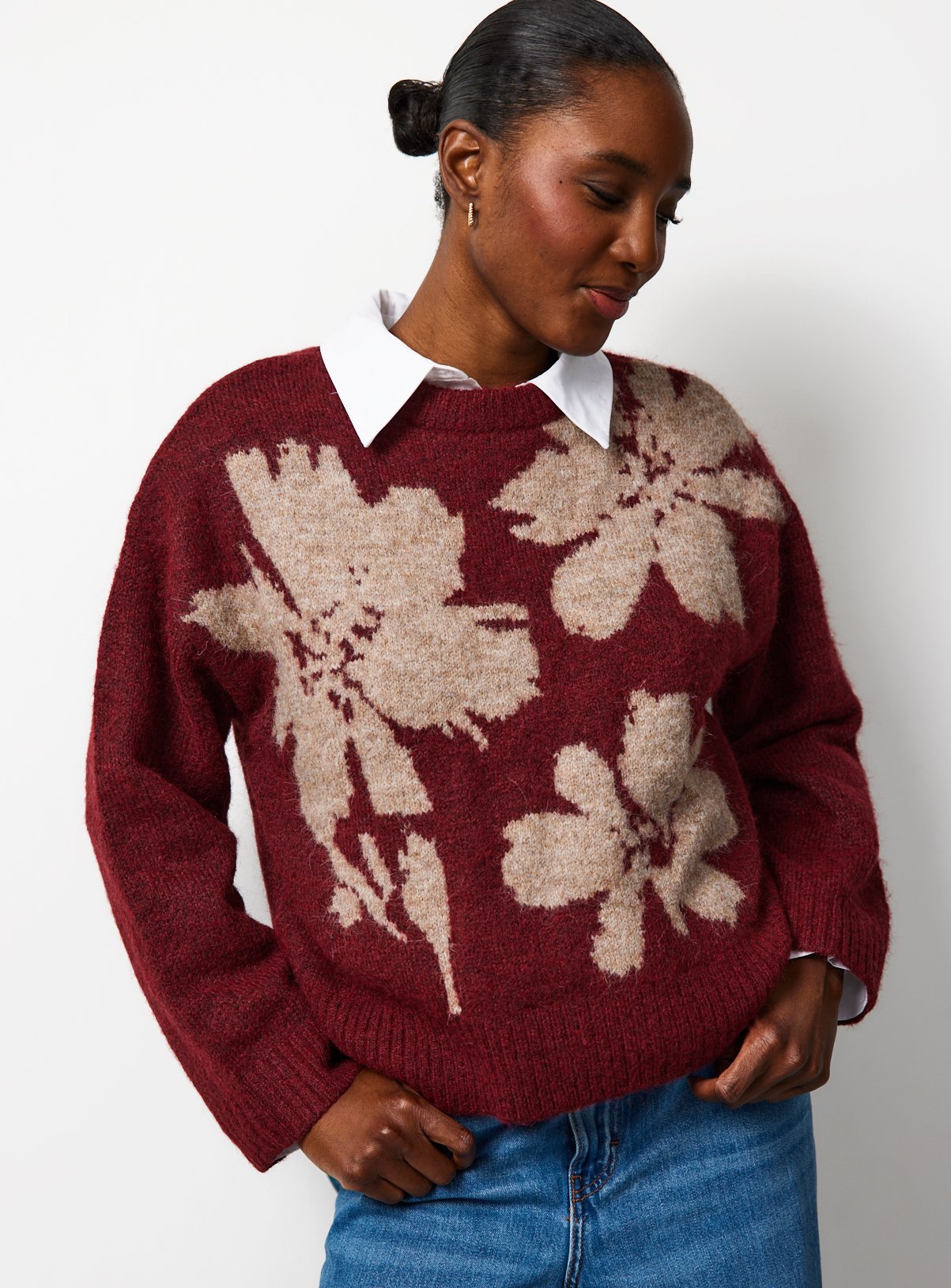 Burgundy Floral Oversized Jumper 