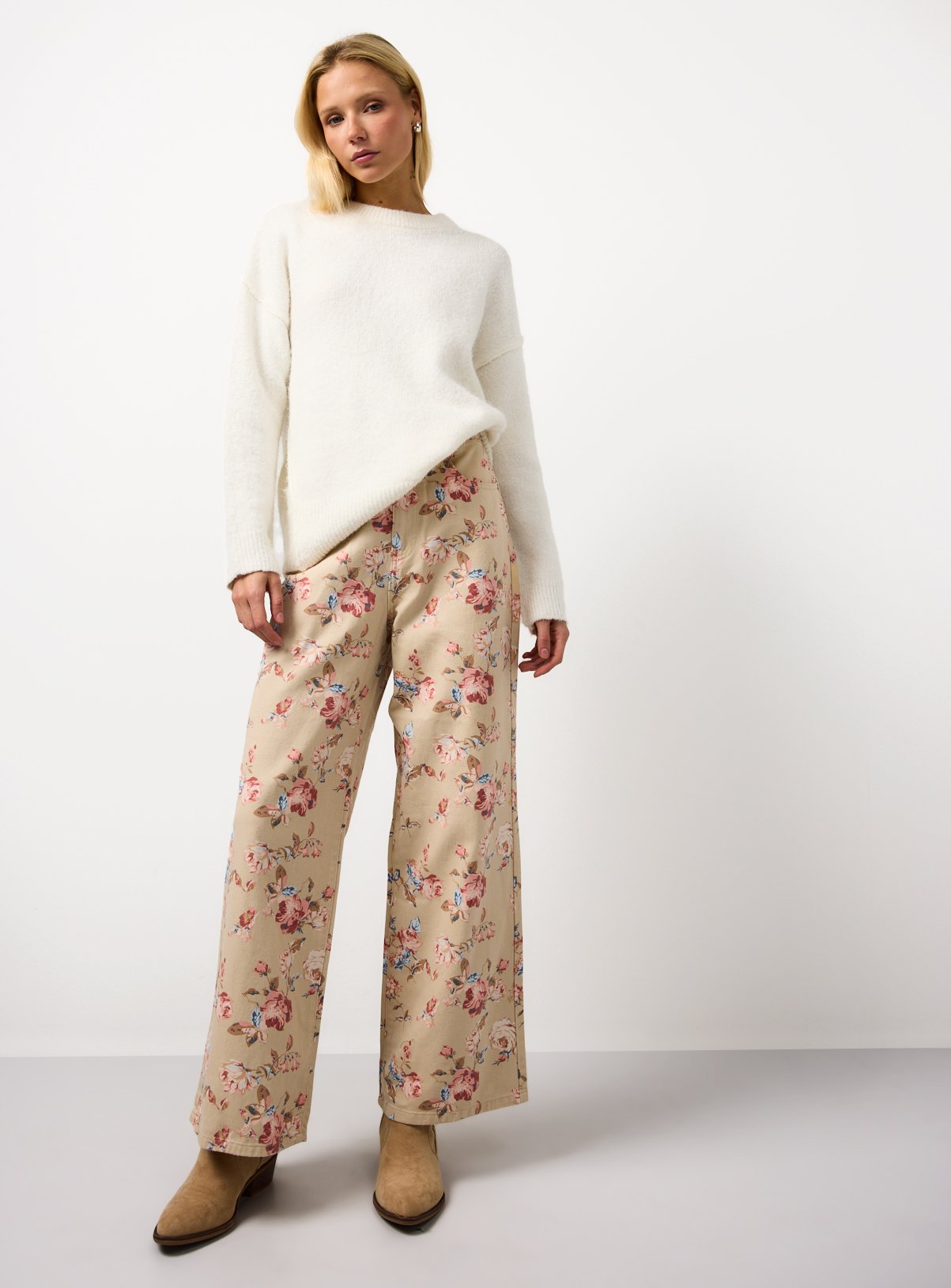 Cream Floral Printed Wide Leg Co-ord Denim Jeans 