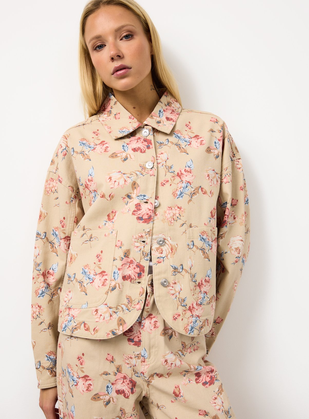 Cream Floral Printed Boxy Co-ord Denim Jacket
