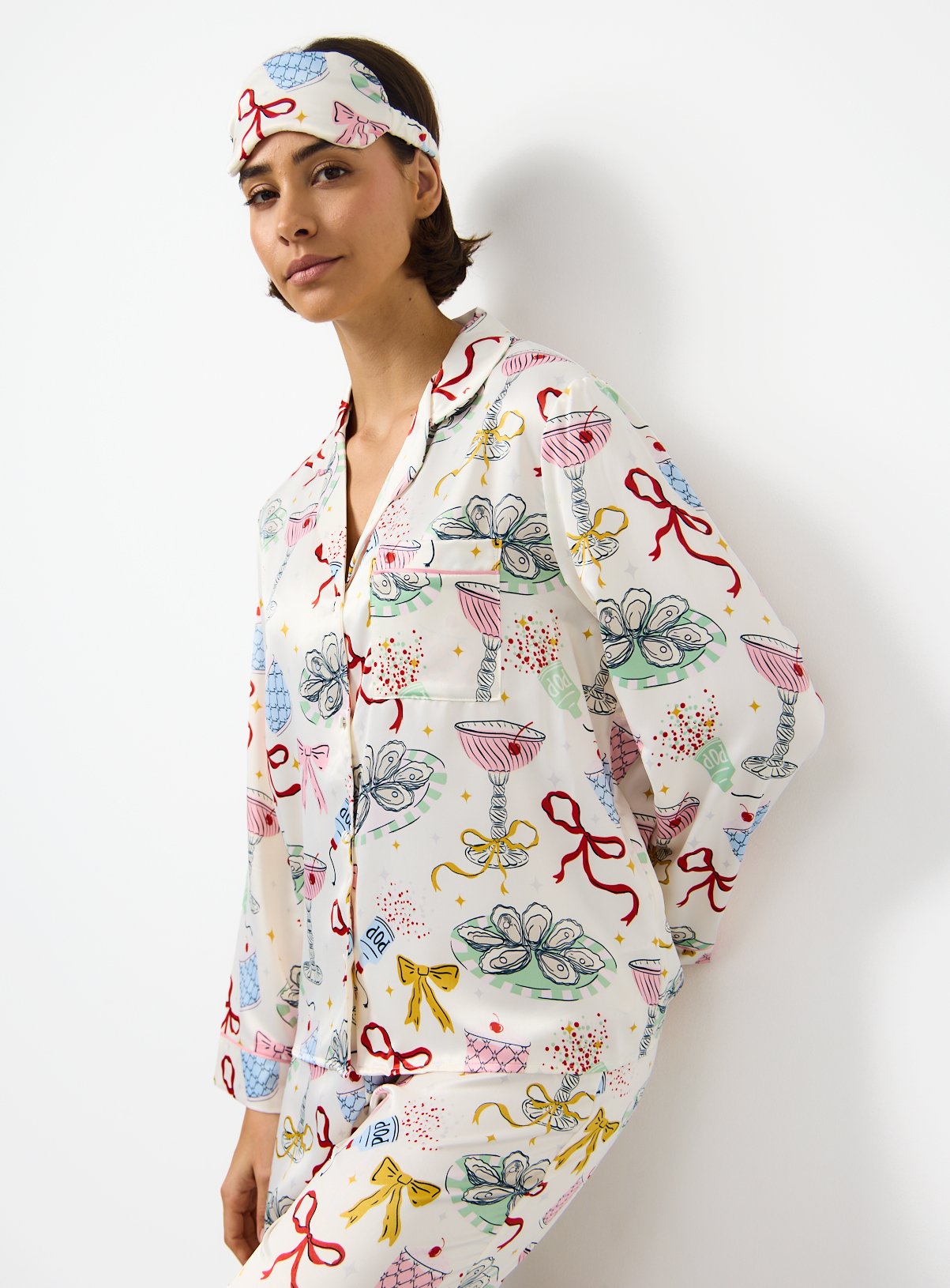 Christmas Party Printed Satin Traditional Pyjamas & Eye Mask 