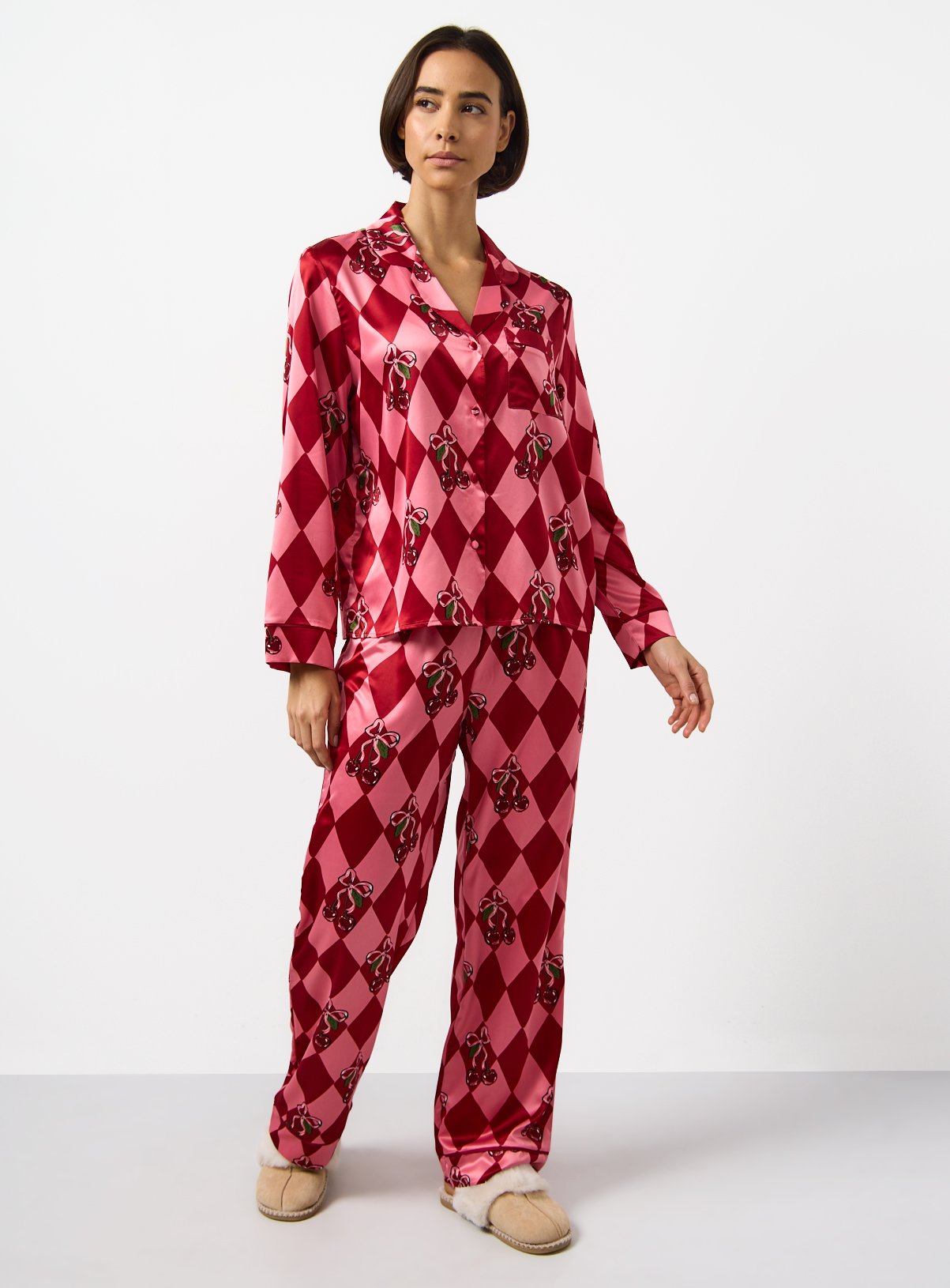 Pink Christmas Harlequin Cherry Printed Satin Pyjamas & Eye Mask 16