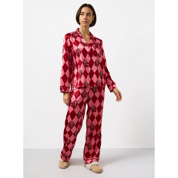 Buy Pink Christmas Harlequin Cherry Printed Satin Pyjamas & Eye Mask 6 | Pyjamas | Tu