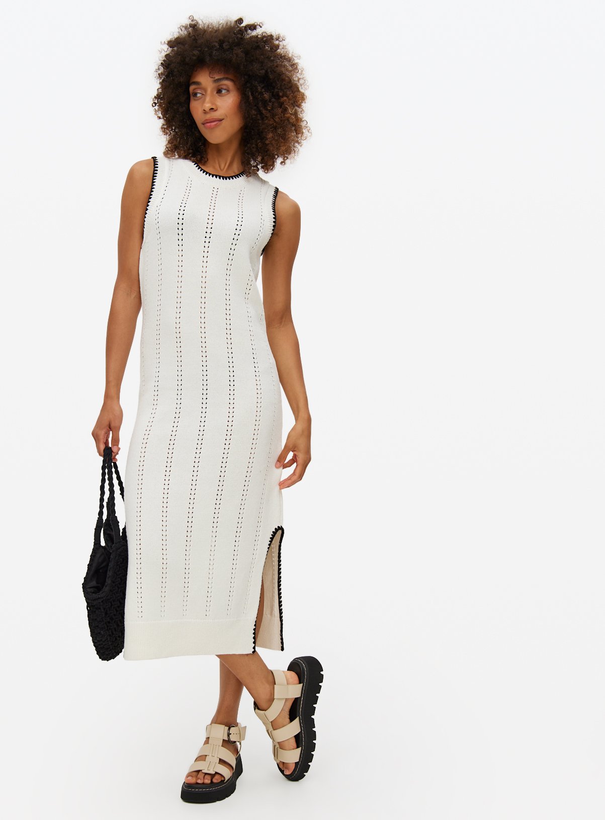 Cream Pointelle Sleeveless Stripe Dress 