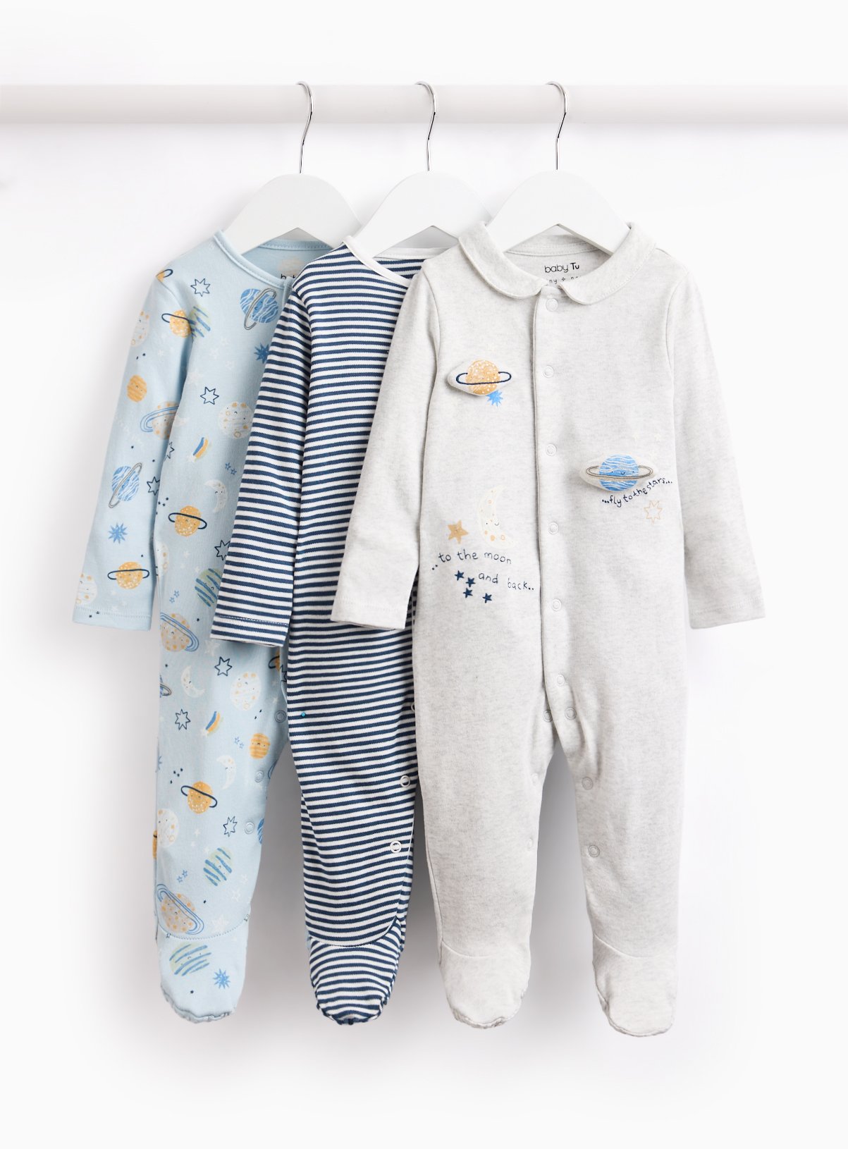 Space Printed Collared Sleepsuits 3 Pack 