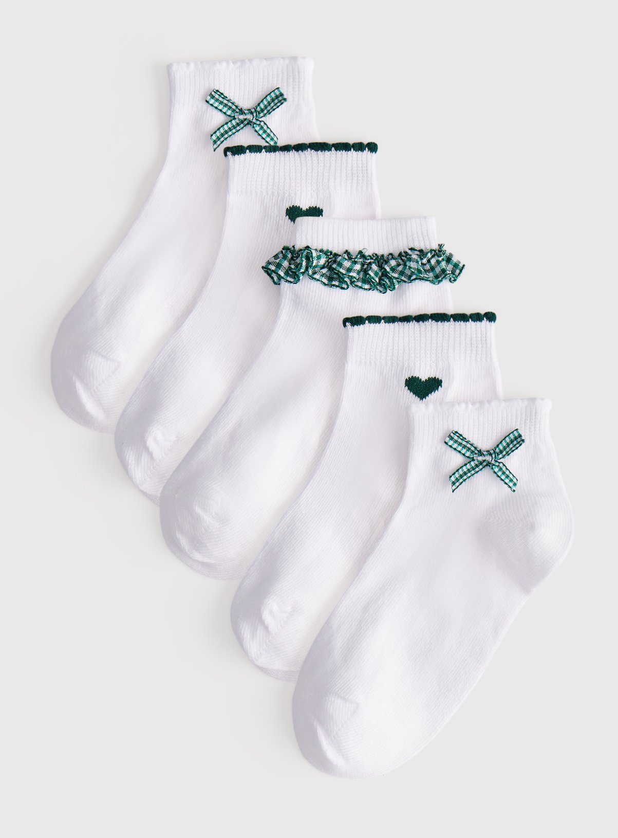 White Green Gingham Frill Detail Ankle Socks 5 Pack