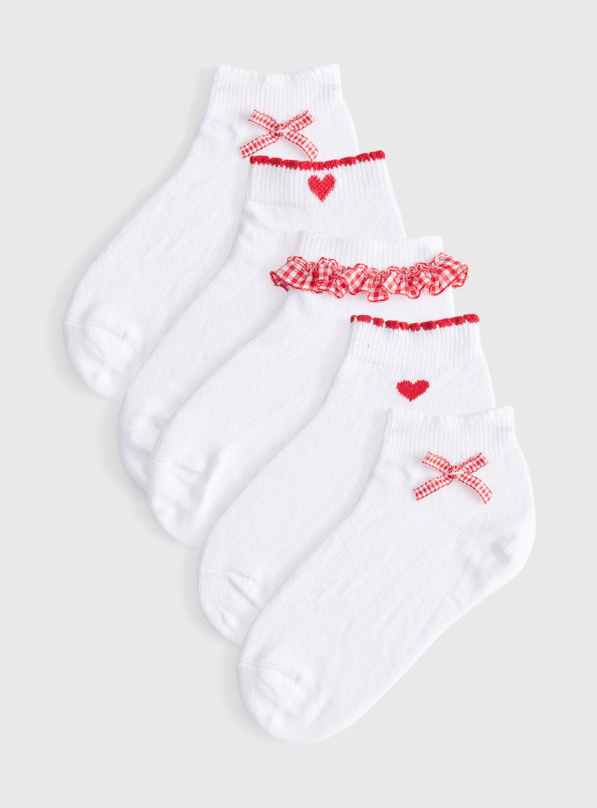 White Red Gingham Frill Detail Ankle Socks 5 Pack 