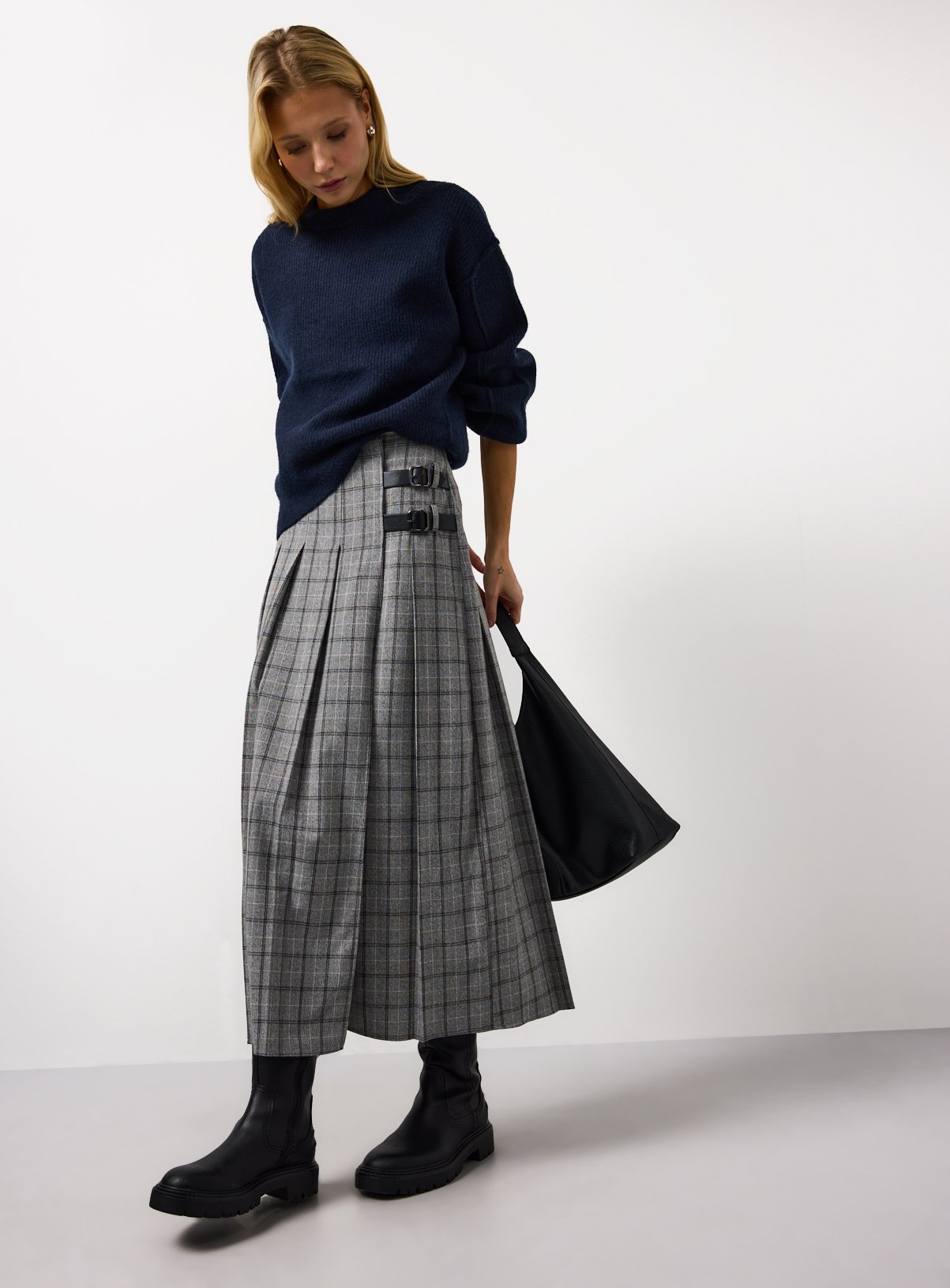 Grey Check Buckle Pleated Kilt Midaxi Skirt 