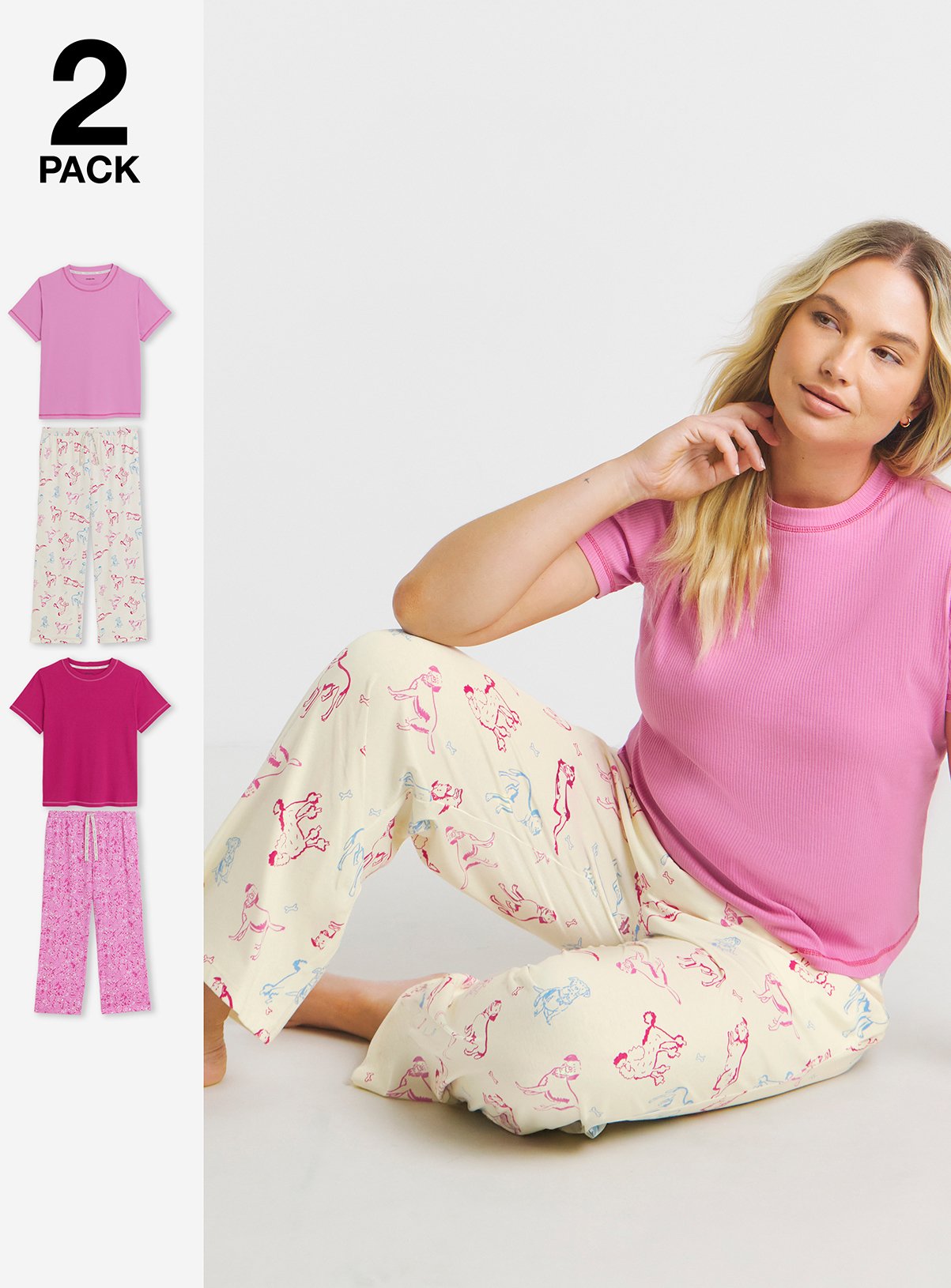 SIMPLY BE 2 Pack T Shirt Ribbed Pyjama Sets 