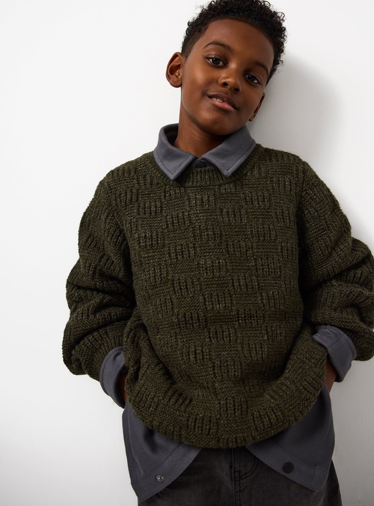 Khaki Textured Knitted Crew Jumper