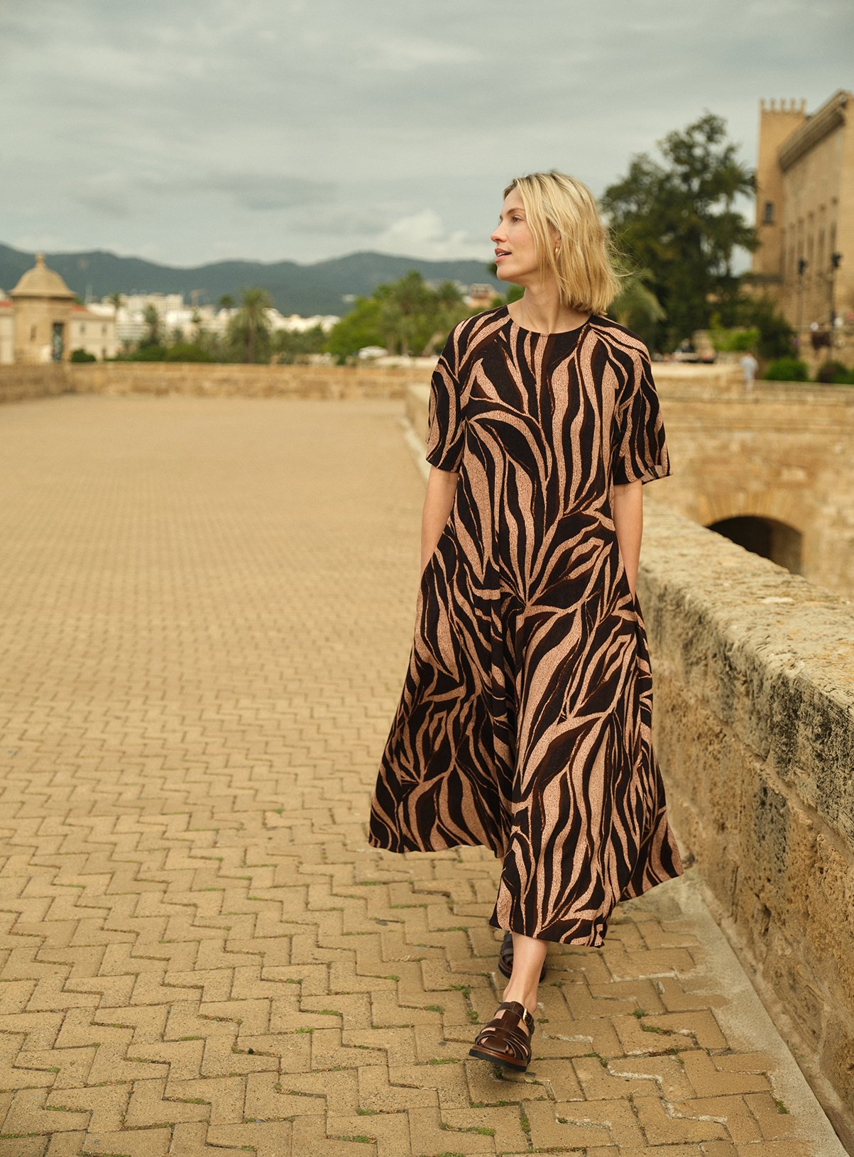 JD WILLIAMS Short Sleeve Care Free Maxi Dress Brown Print