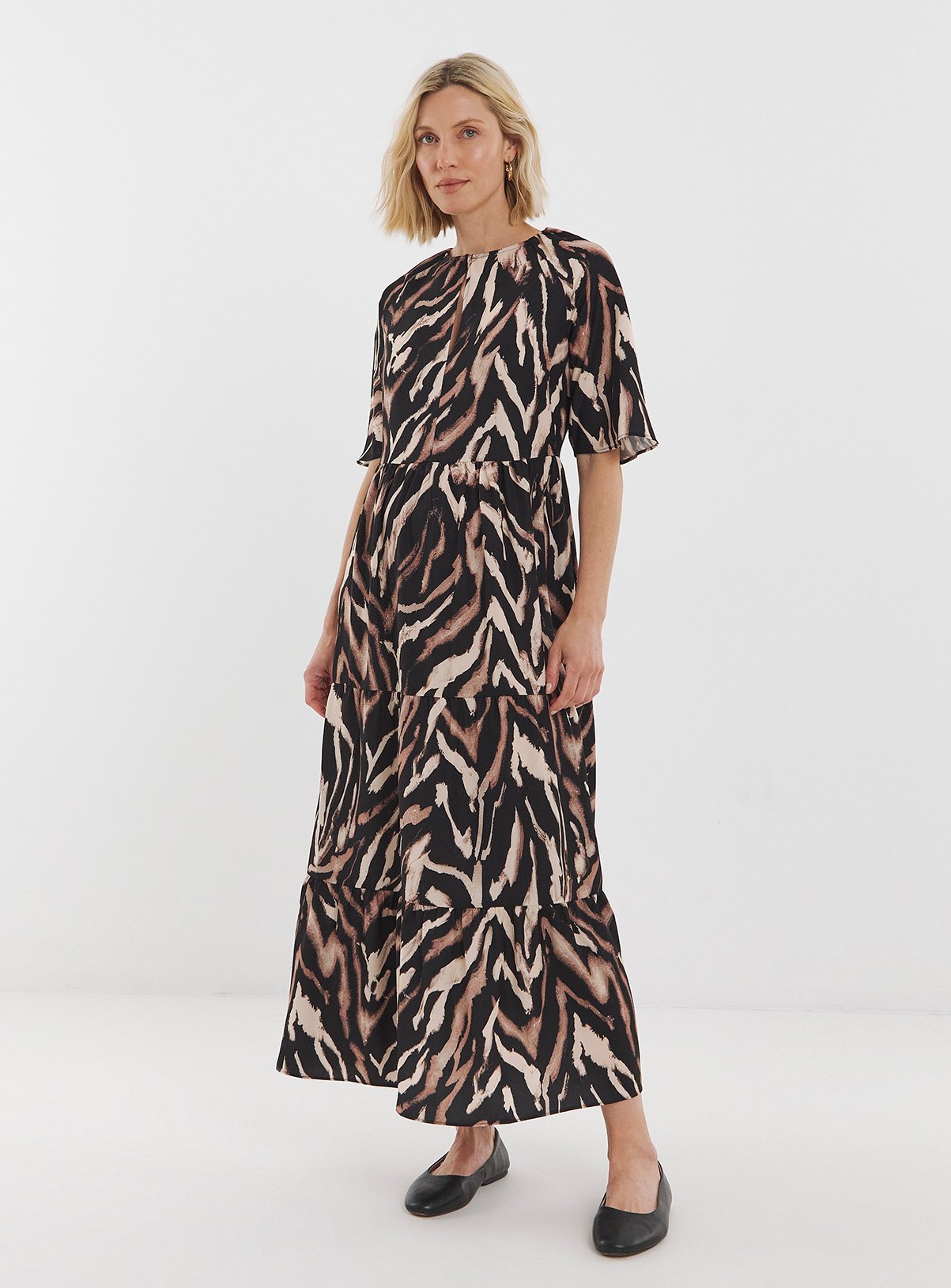 JD WILLIAMS Short Sleeve Smock Maxi Dress Neutral Print 