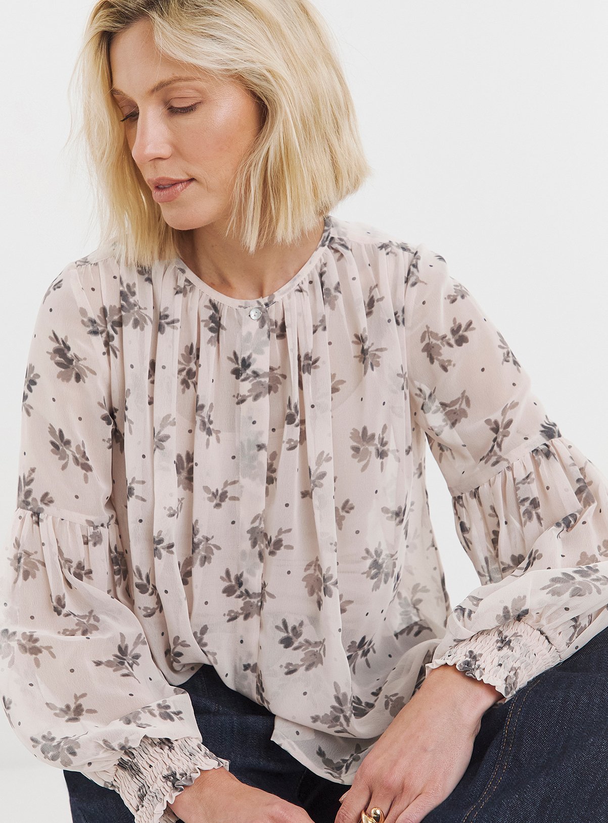 JD WILLIAMS Georgette Collarless Blouson Sleeve Blouse Floral Print 22