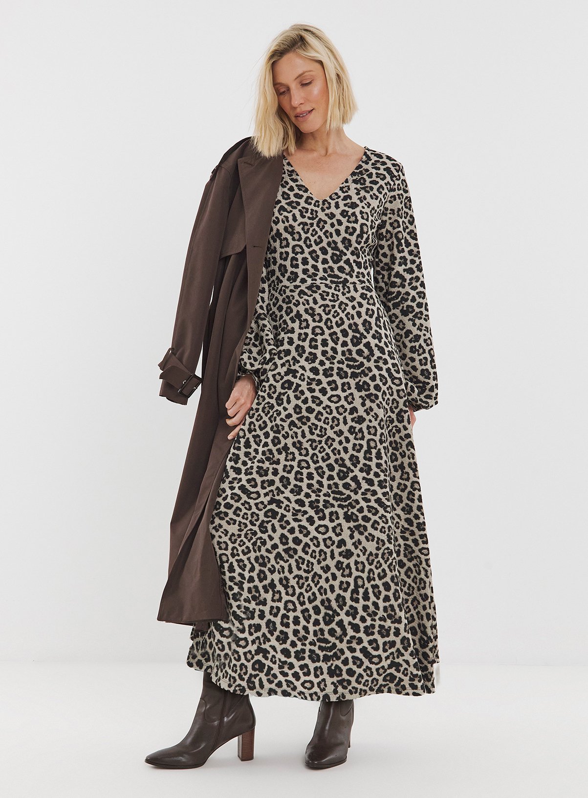 JD WILLIAMS Long Sleeve Textured Jersey Dress Leopard Print 