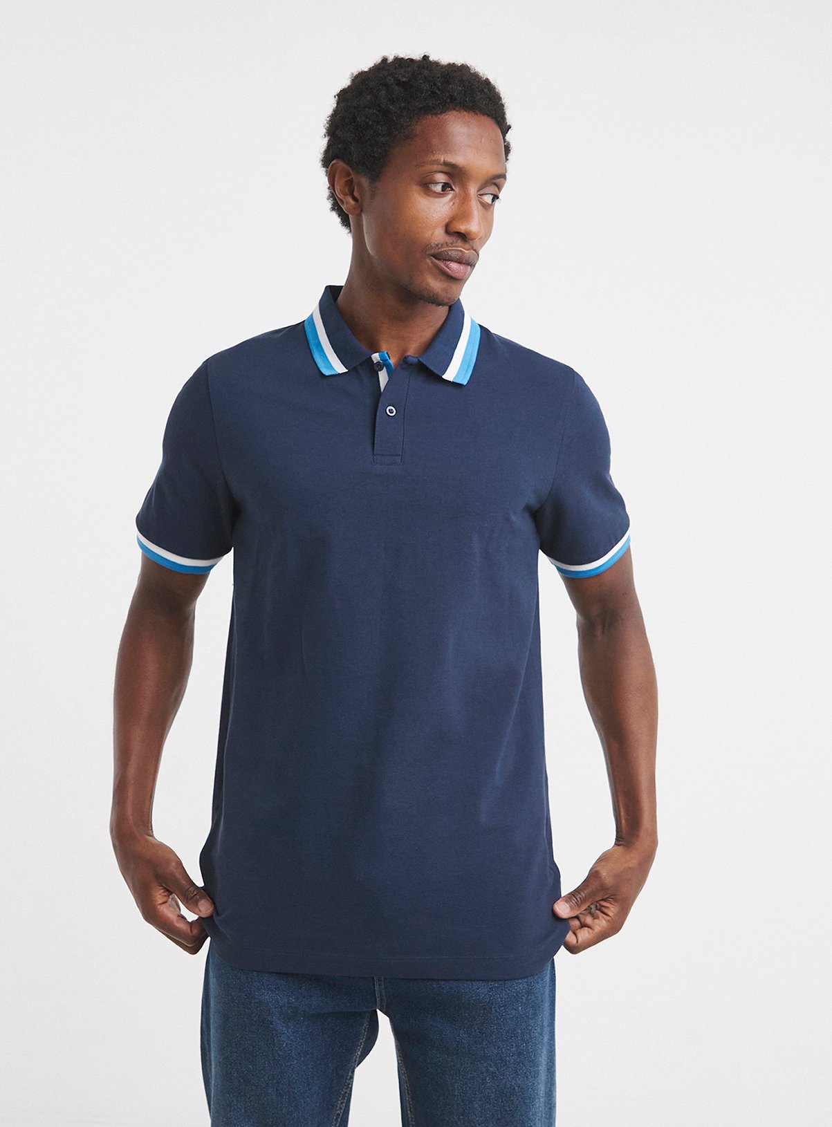 JACAMO Tipped Pique Polo Long Length Navy L
