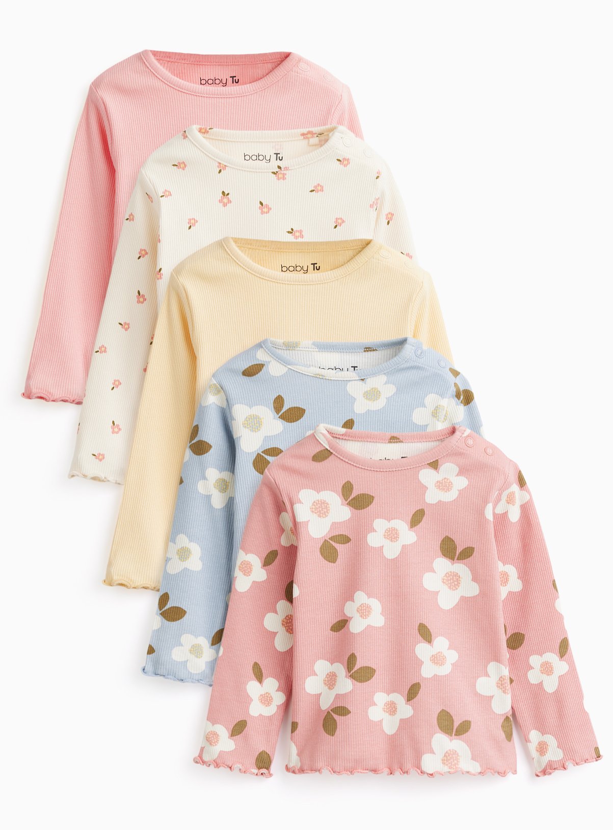 Floral Ribbed Long Sleeve T-Shirts 5 Pack 9-12 months