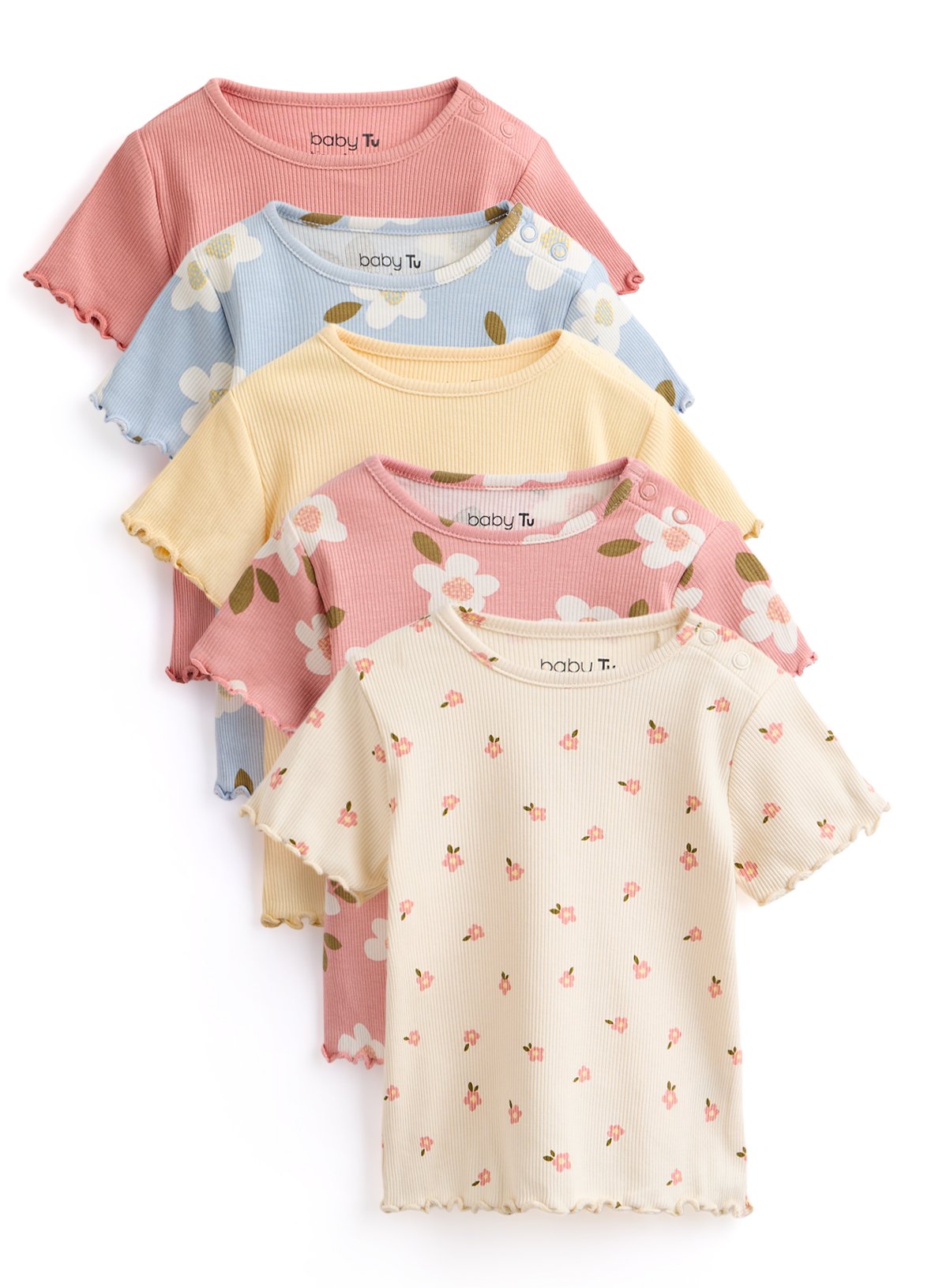 Floral Ribbed T-Shirts 5 Pack
