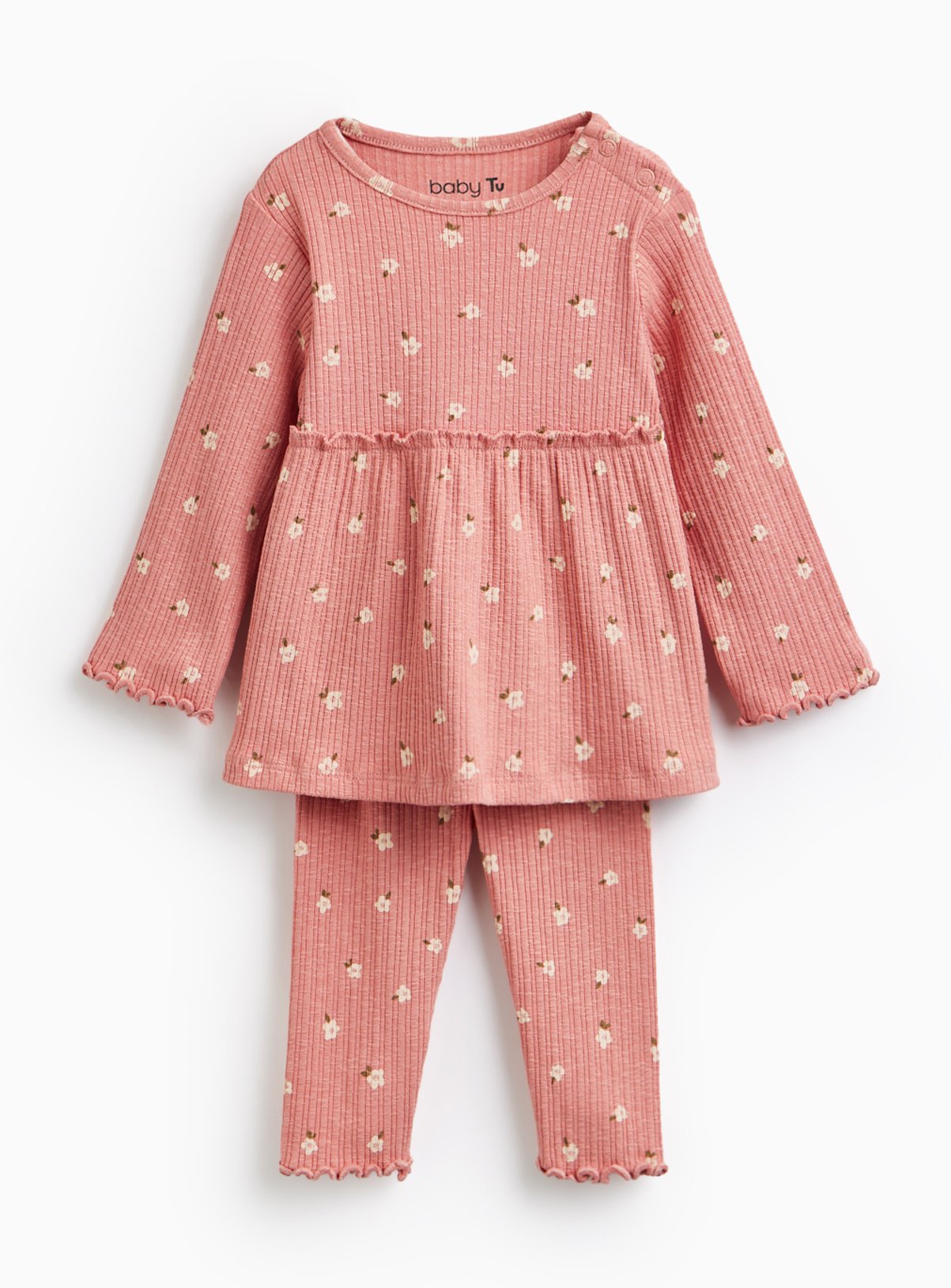 Pink Flower Print Ribbed Top & Leggings Set 