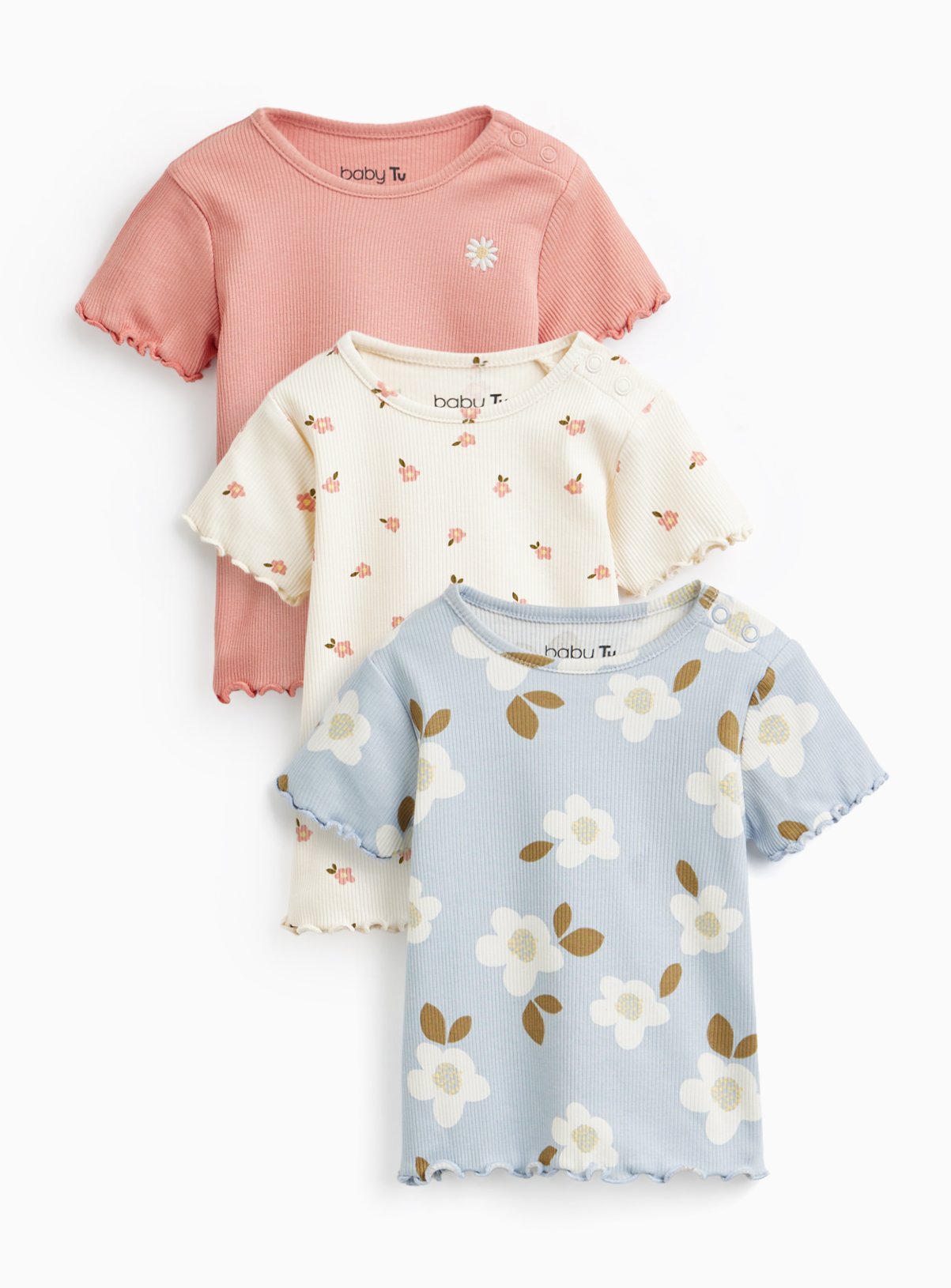 Floral Print Ribbed Short Sleeve Tops 3 Pack 9-12 months