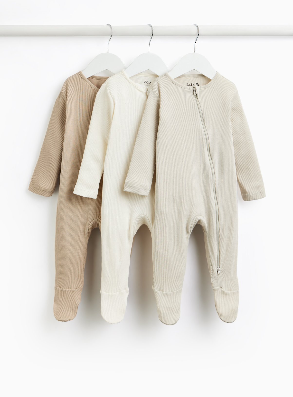Natural Ribbed Two-Way Zip Sleepsuit 3 Pack 3-6 months