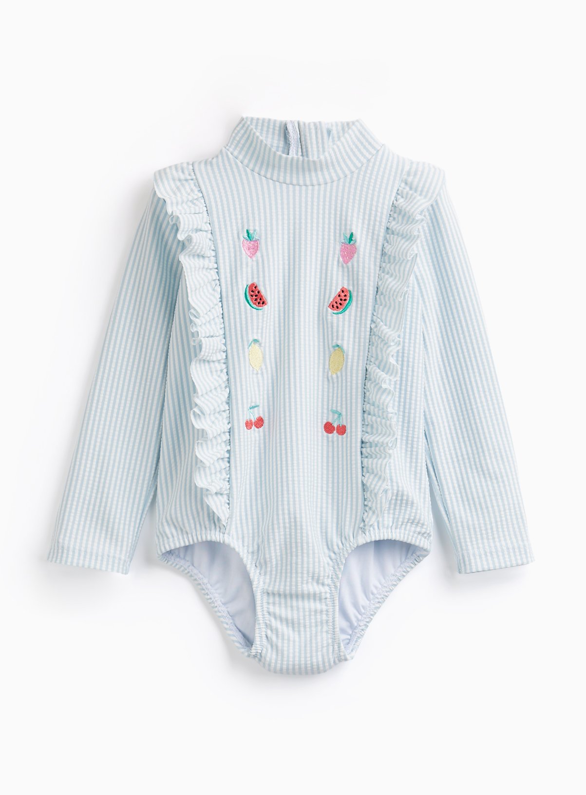 Blue Striped Textured Ruffle Swimsuit 