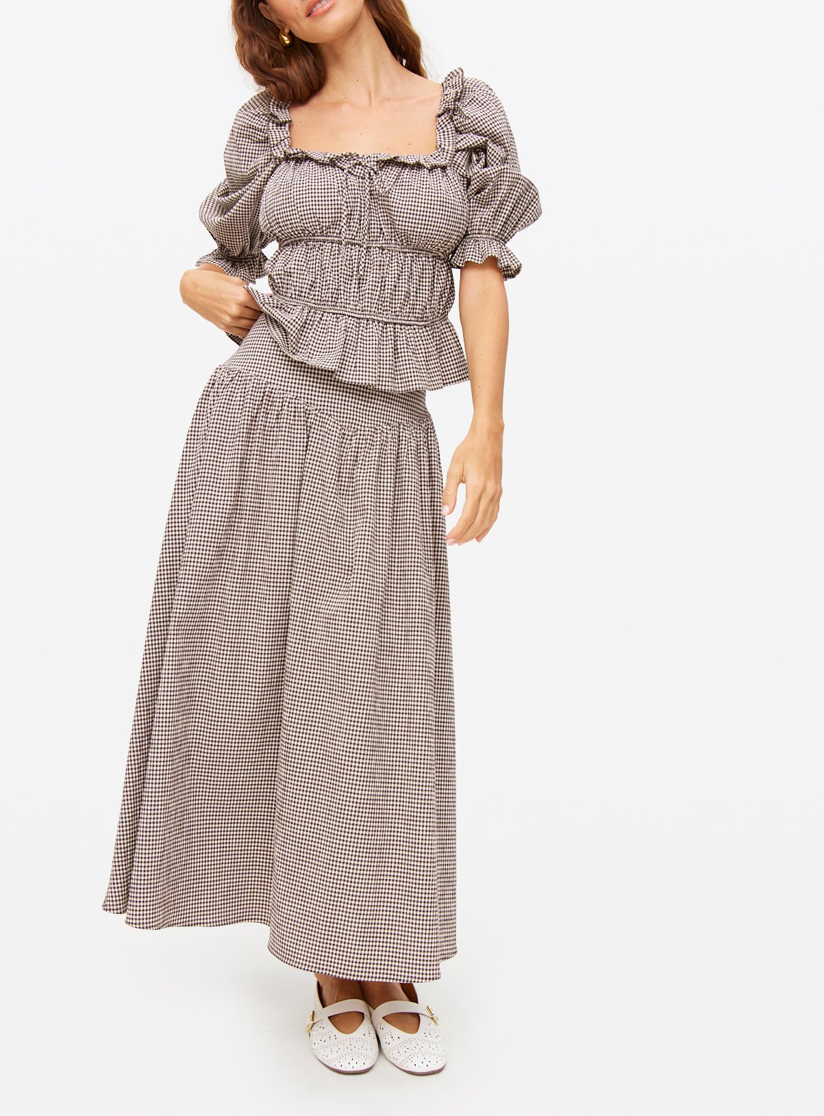 Western Brown Gingham Co-ord Full Midaxi Skirt 