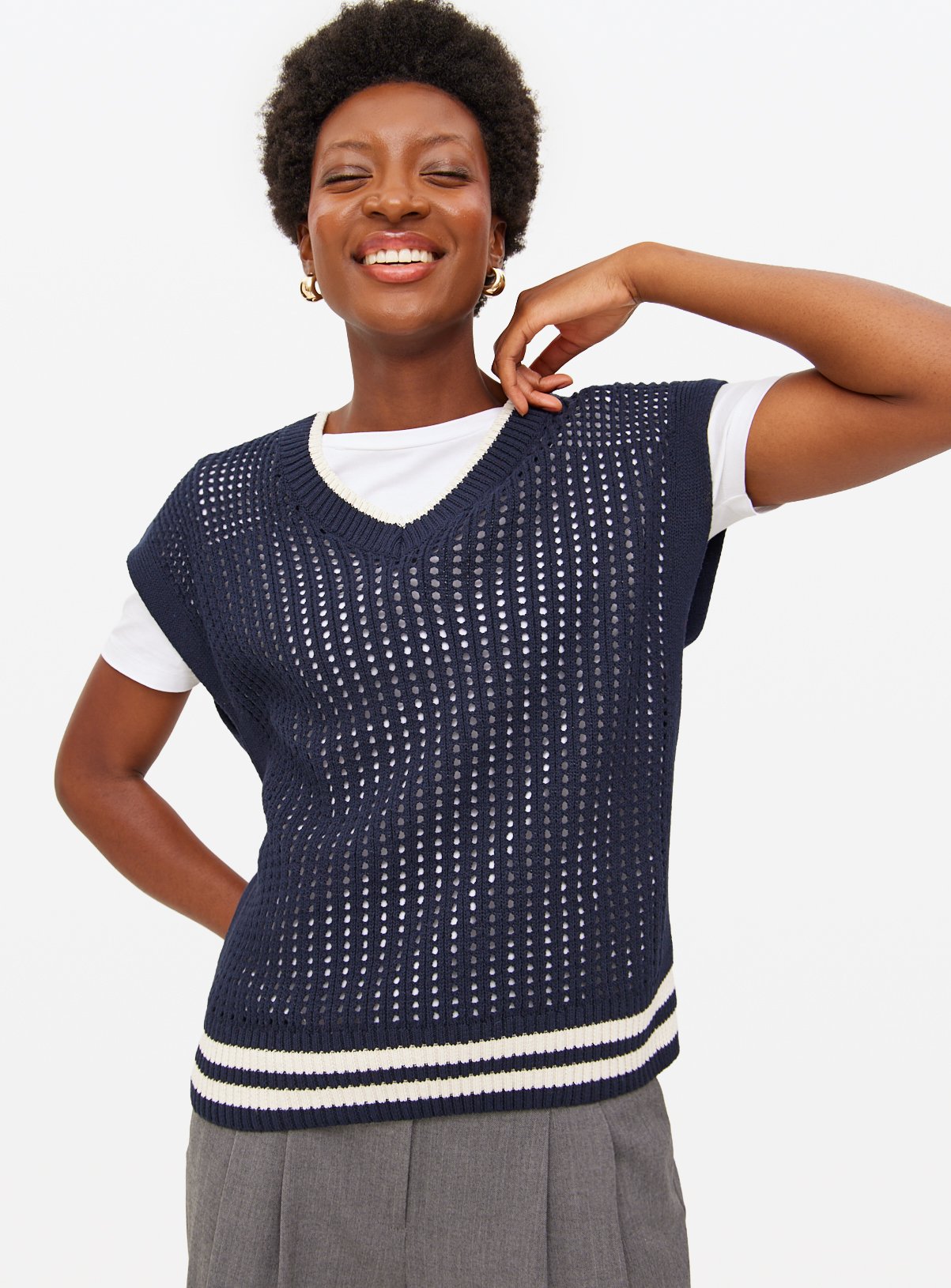 Navy Open Stitch V Neck Sleeveless Vest