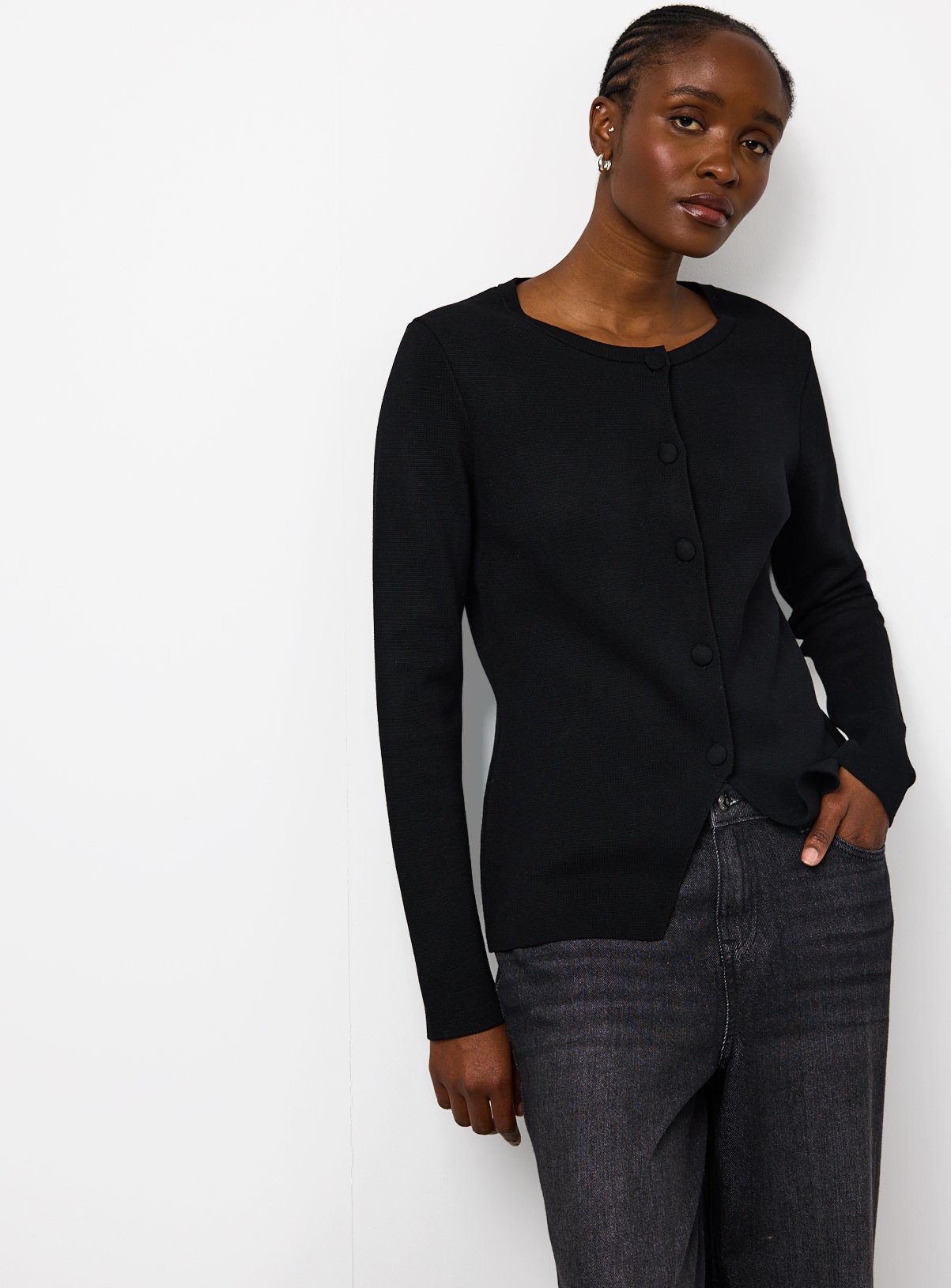 Black Compact Knit Button Long Sleeve Top 