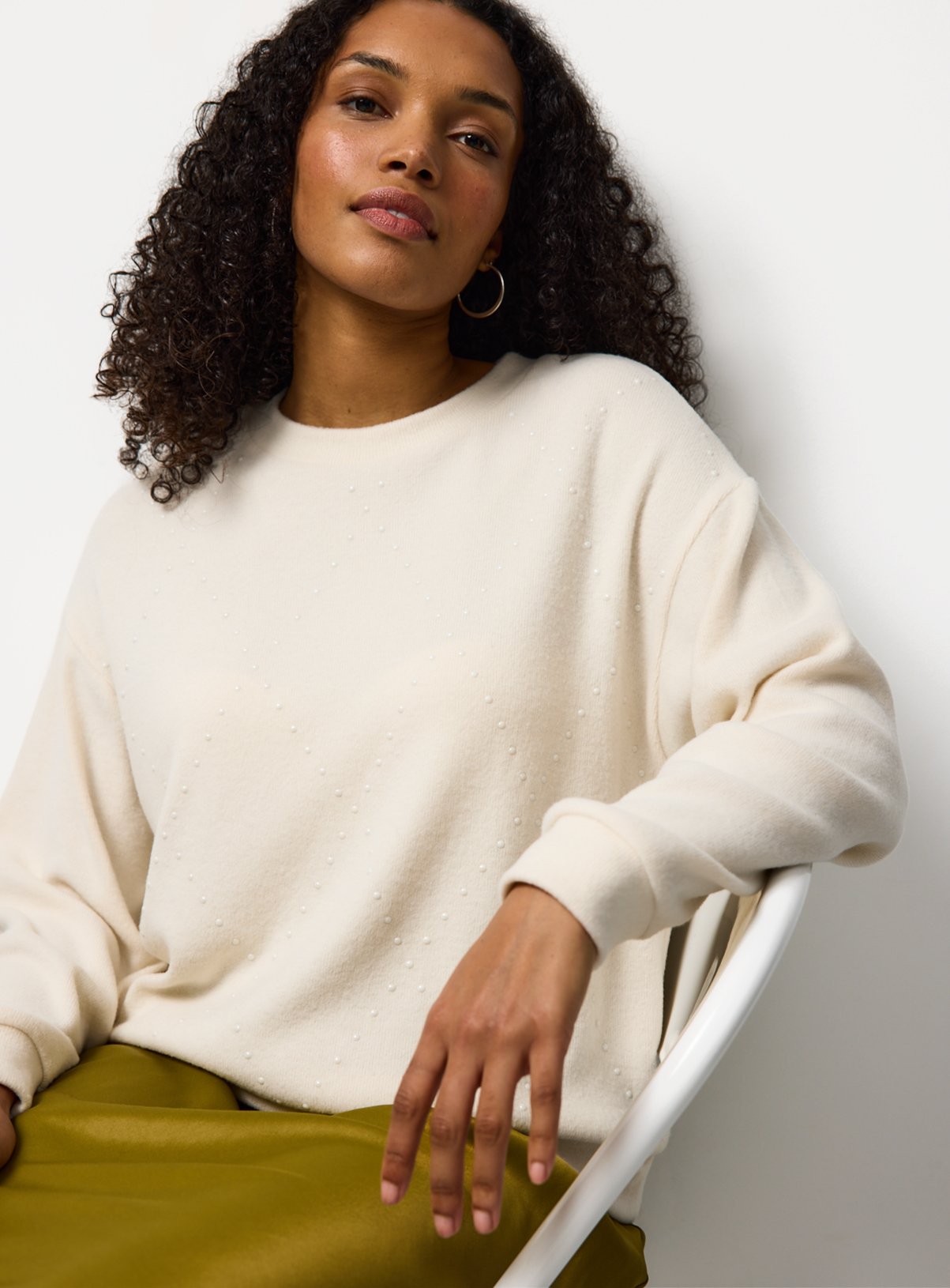 Cream Embellished Soft Touch Crew Jumper M