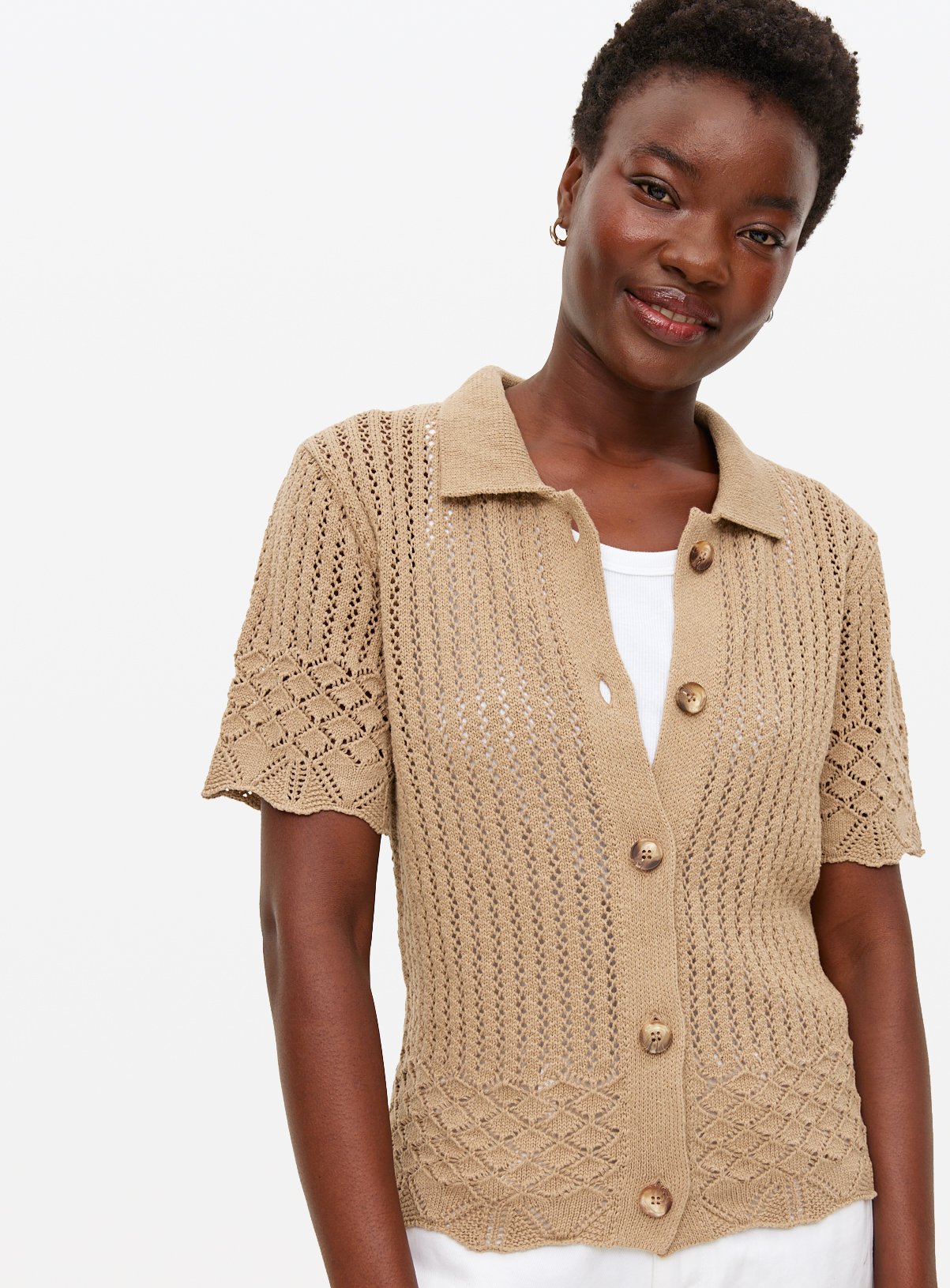 Beige Pointelle Collared Top 