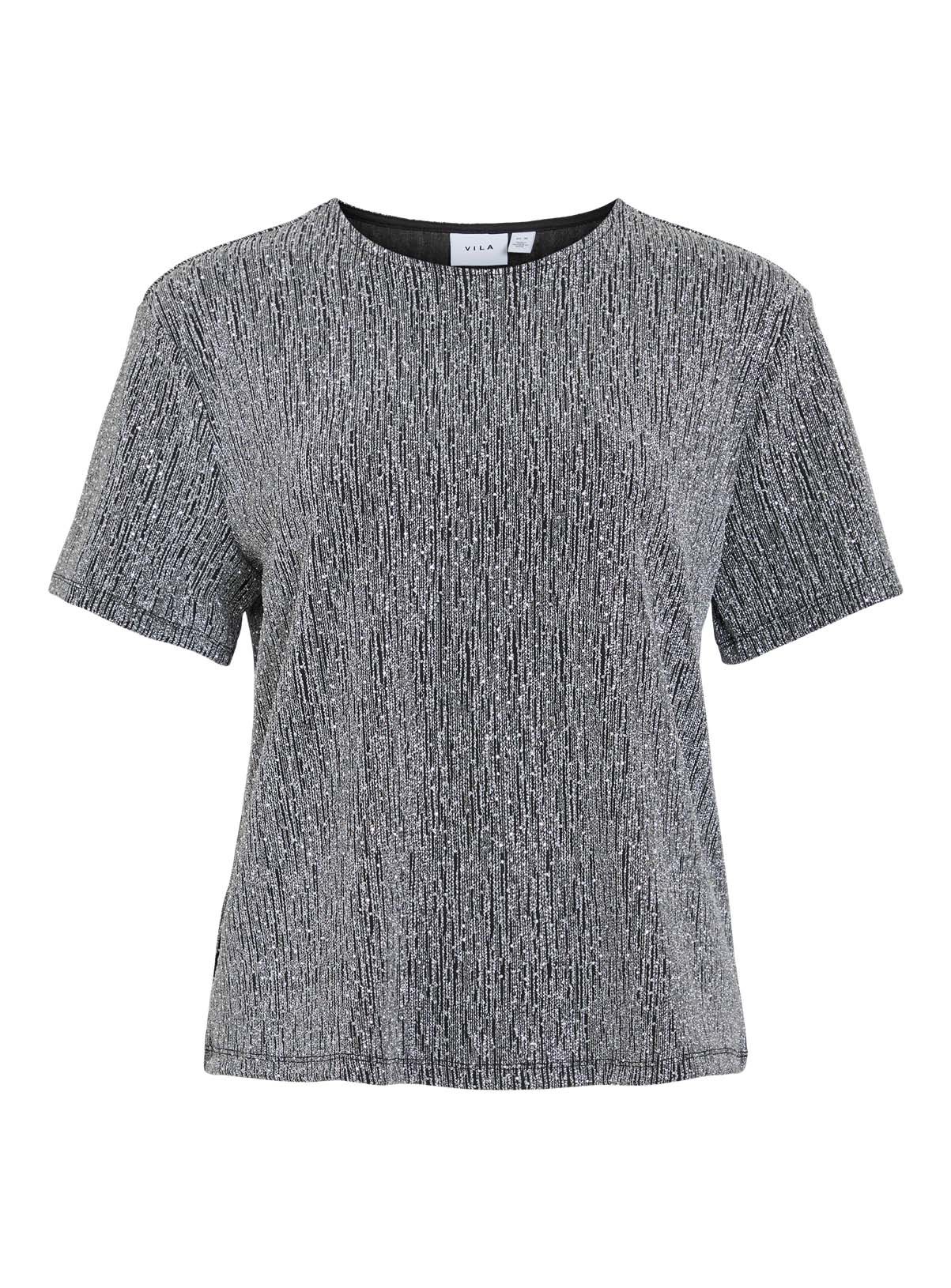 VILA Silna O Neck Short Sleeved Metallic Top 