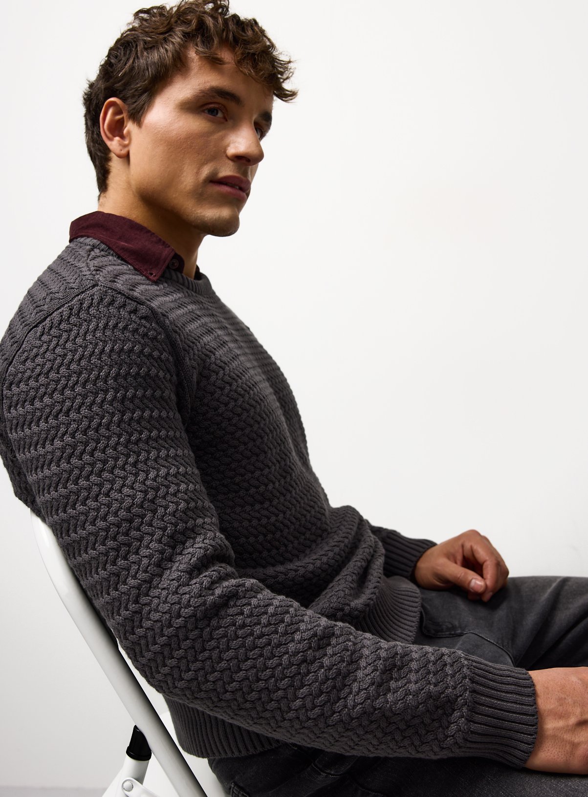 Charcoal Basket Weave Knit Crew Neck Jumper 