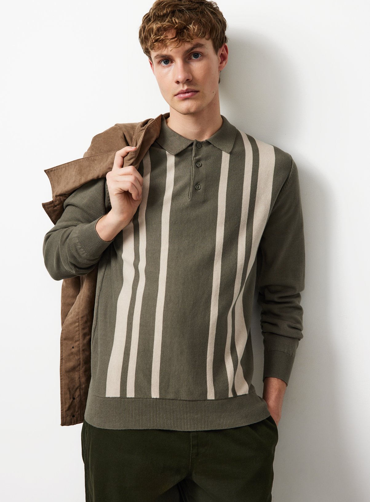Khaki Striped Long Sleeve Polo XXL