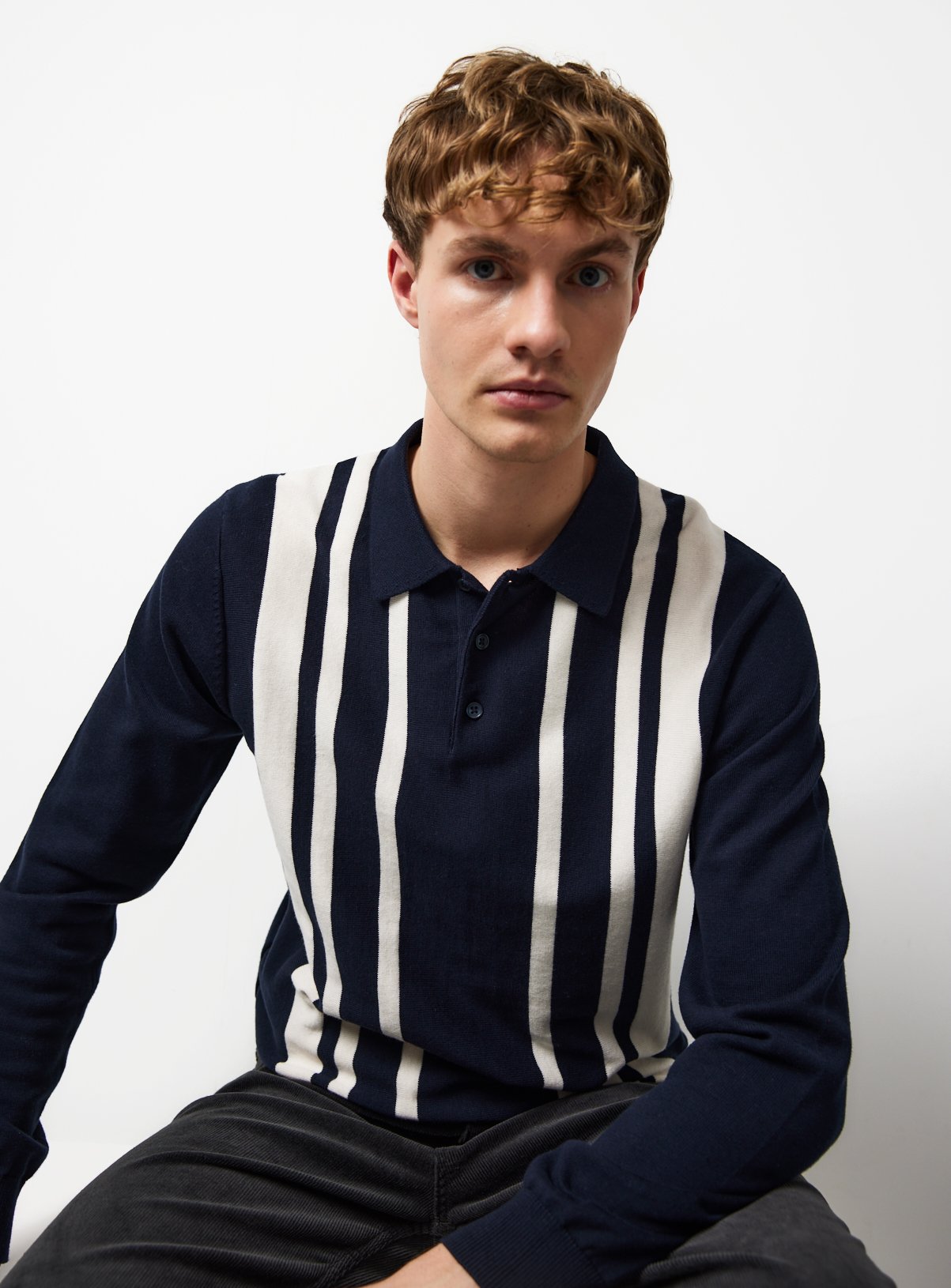 Navy Striped Long Sleeve Polo XL