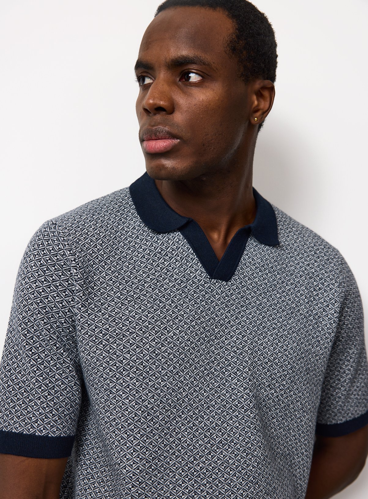 Navy Jacquard Trophy Neck Polo Shirt M