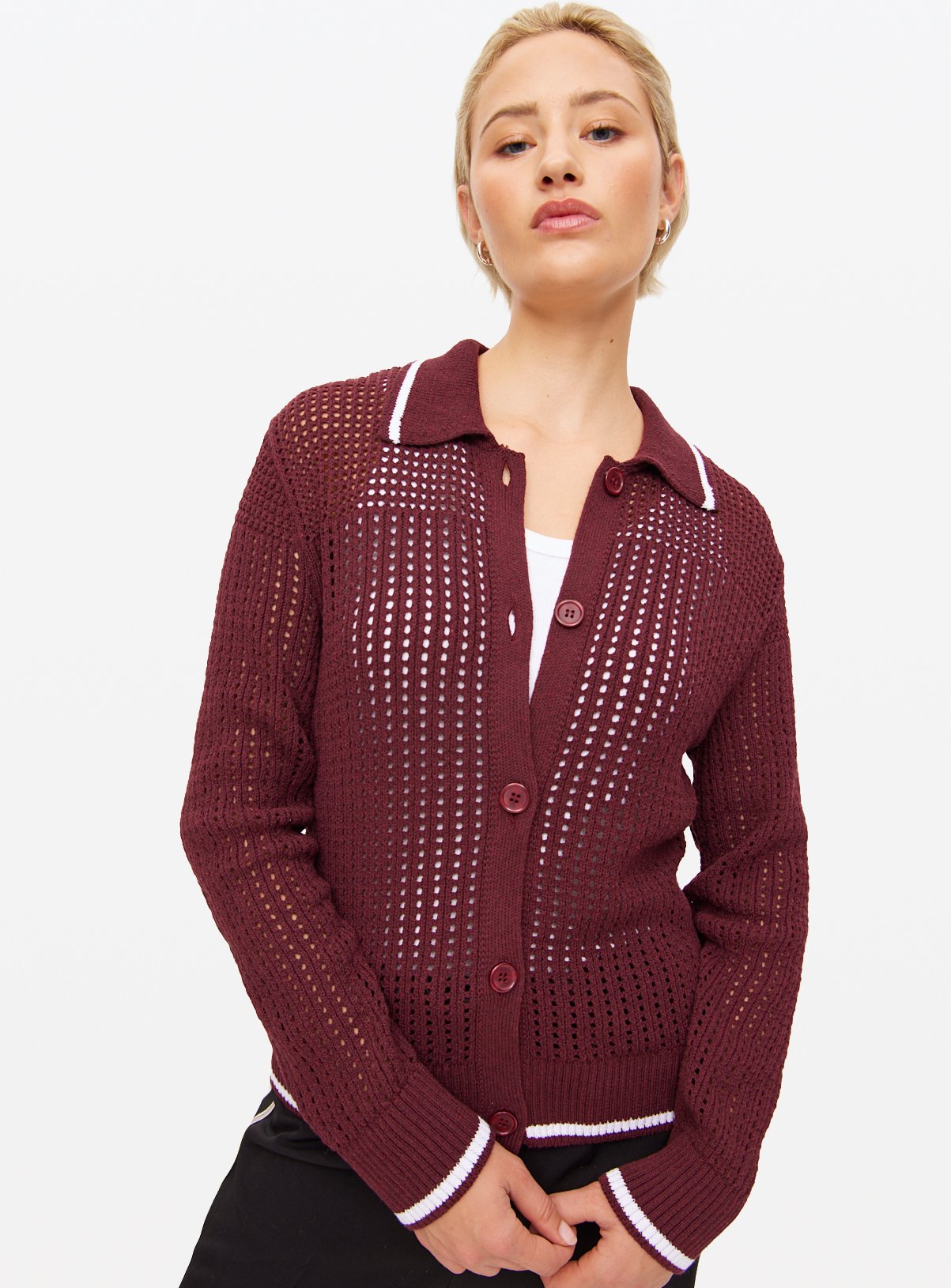 Burgundy Airtex Collared Cardigan 