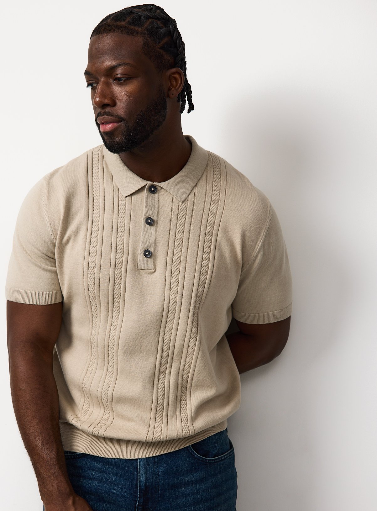 Oatmeal Textured Stripe Polo XL