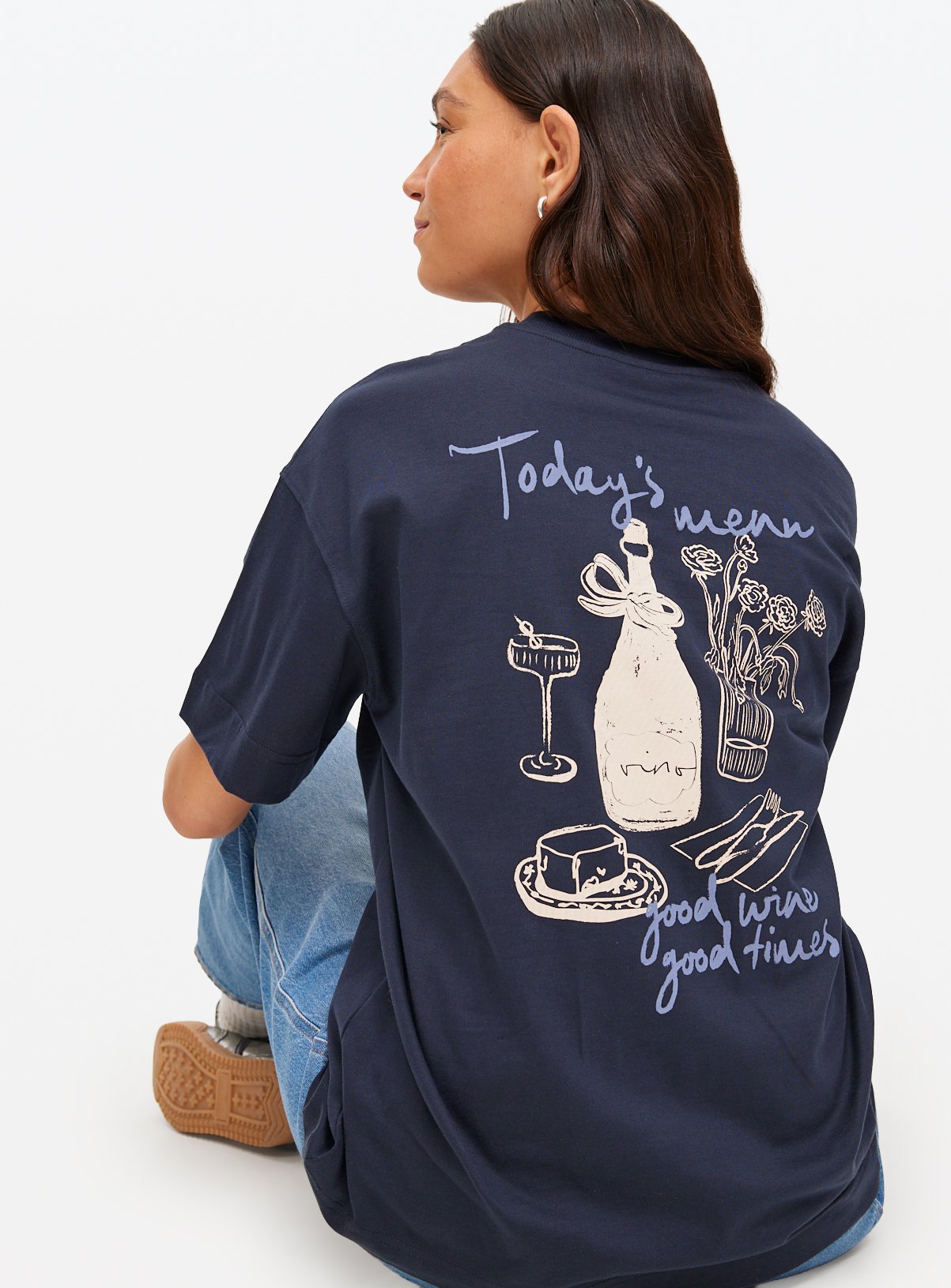 Navy Dinner Placement Print Oversized T-Shirt XXL