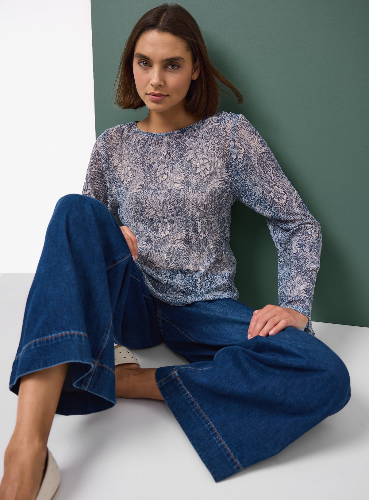 Tu x Morris & Co. Printed Long Sleeve Mesh Top 