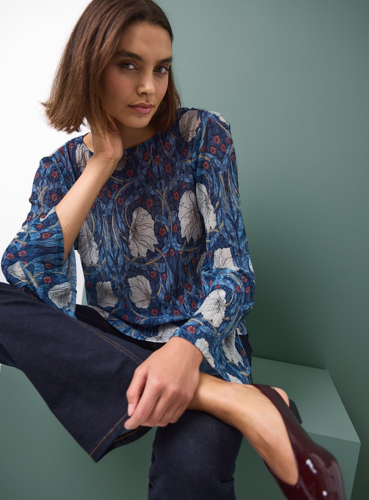 Tu x Morris & Co. Printed Long Sleeve Mesh Top